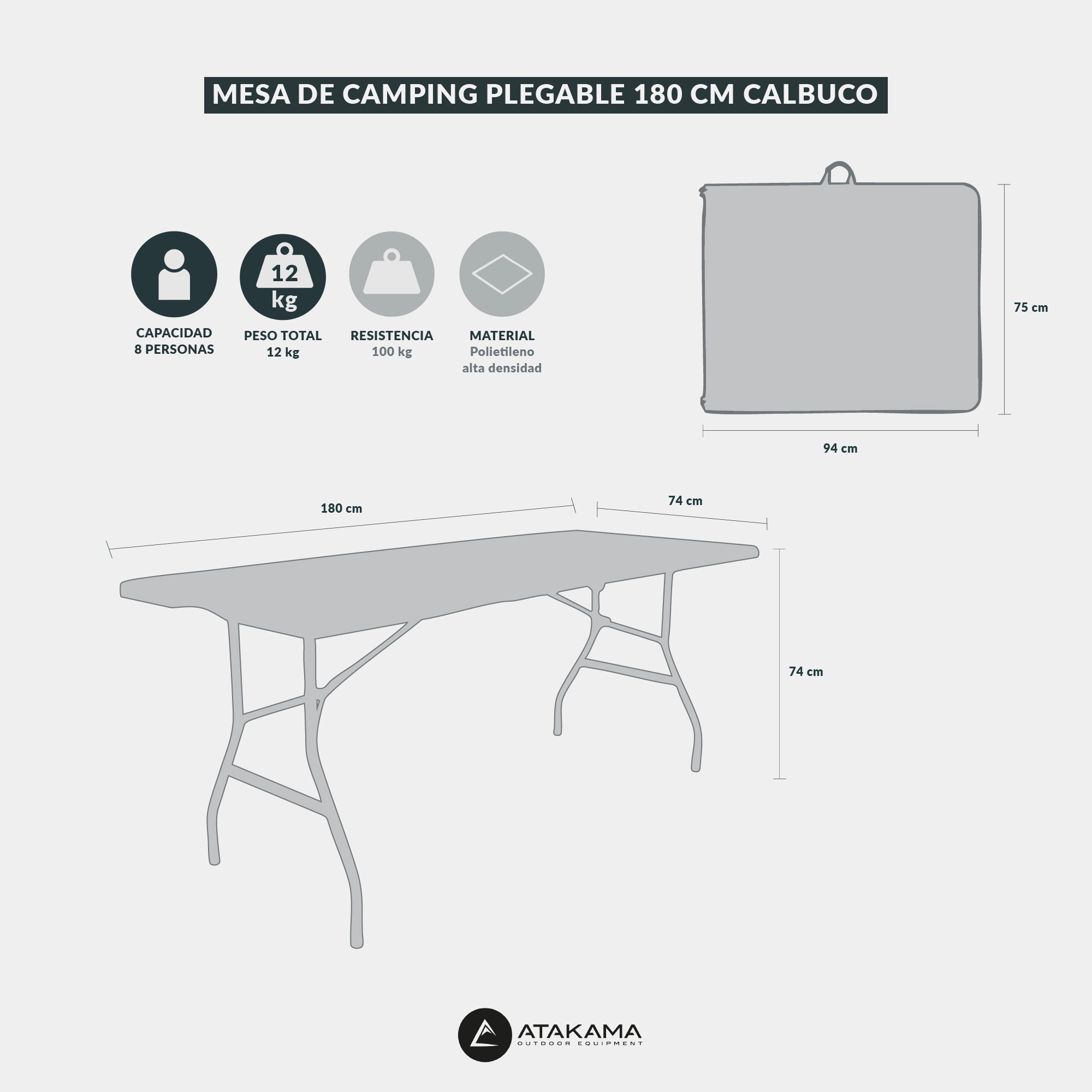 Mesa de camping plegable Calbuco 180 cm Blanca