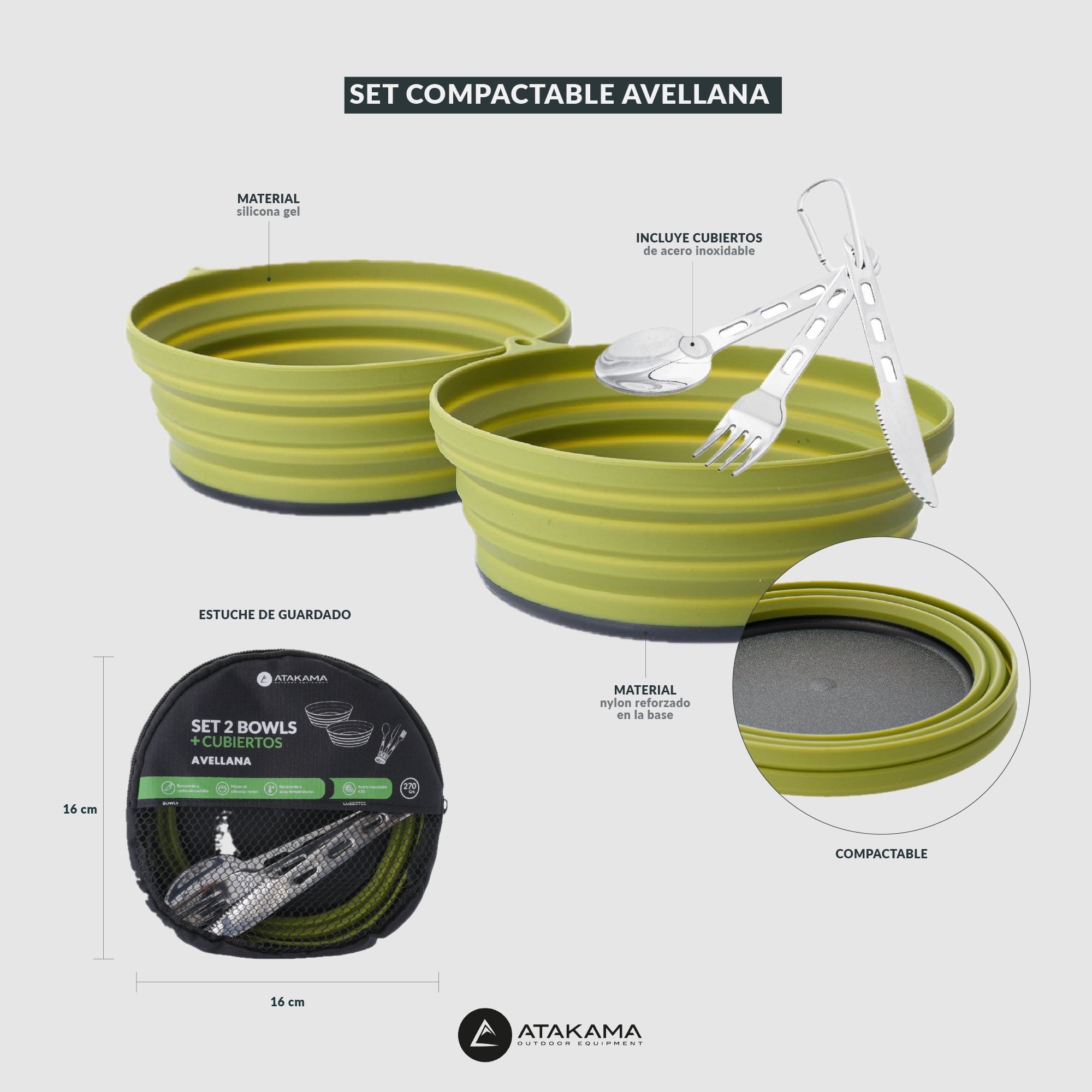 Set 2 Bowls compactables + Cubiertos Avellana