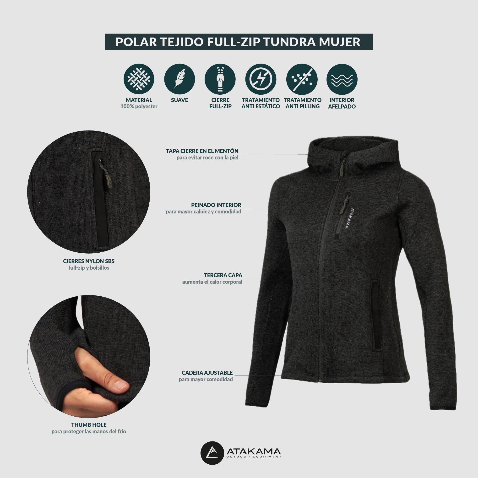 Polar tejido hoddie Full-Zip mujer Tundra jaspeado Gris