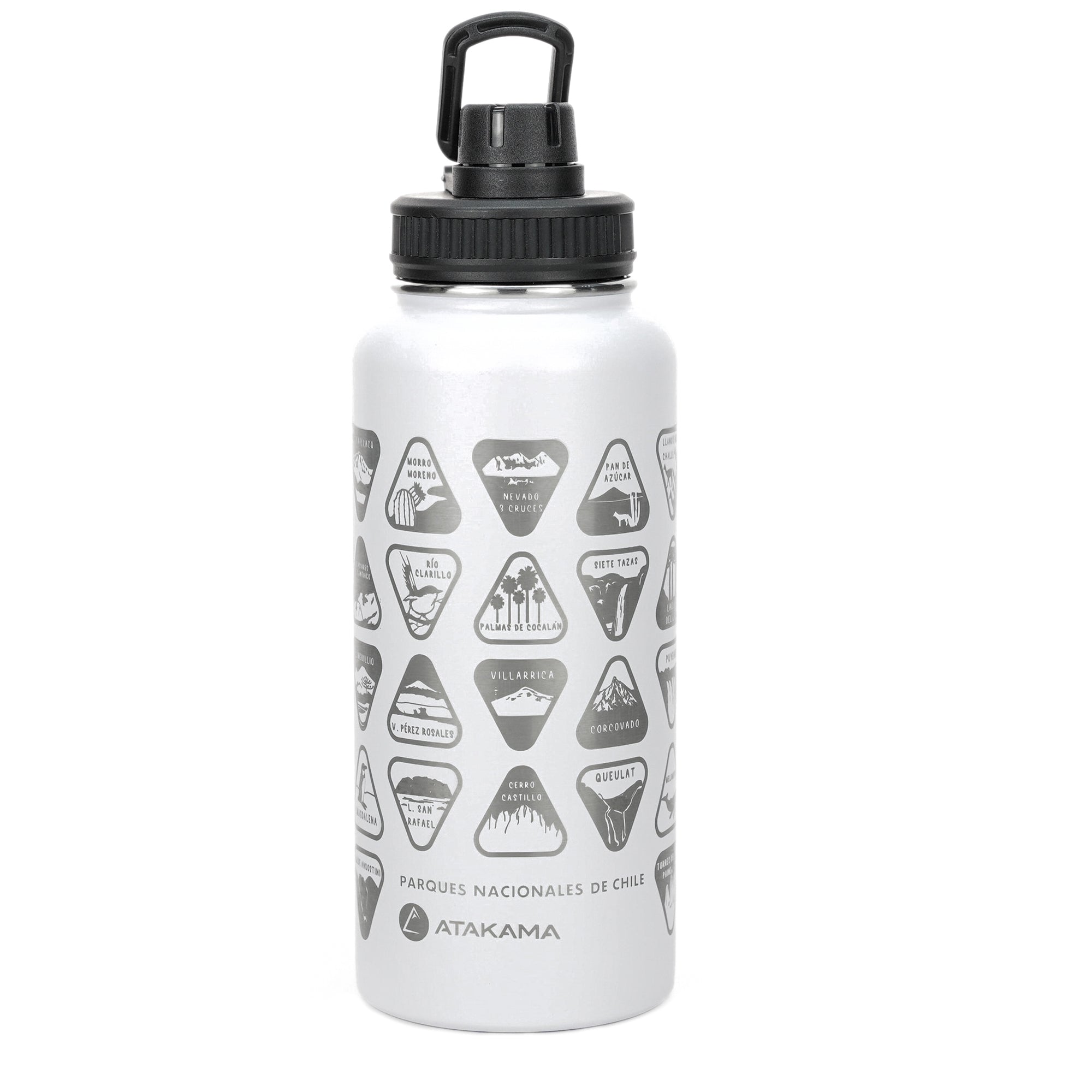 Botella termica 1 litro blanca stickers parques nacionales coleccionables tapa Atakama Outdoor mantiene calor frio