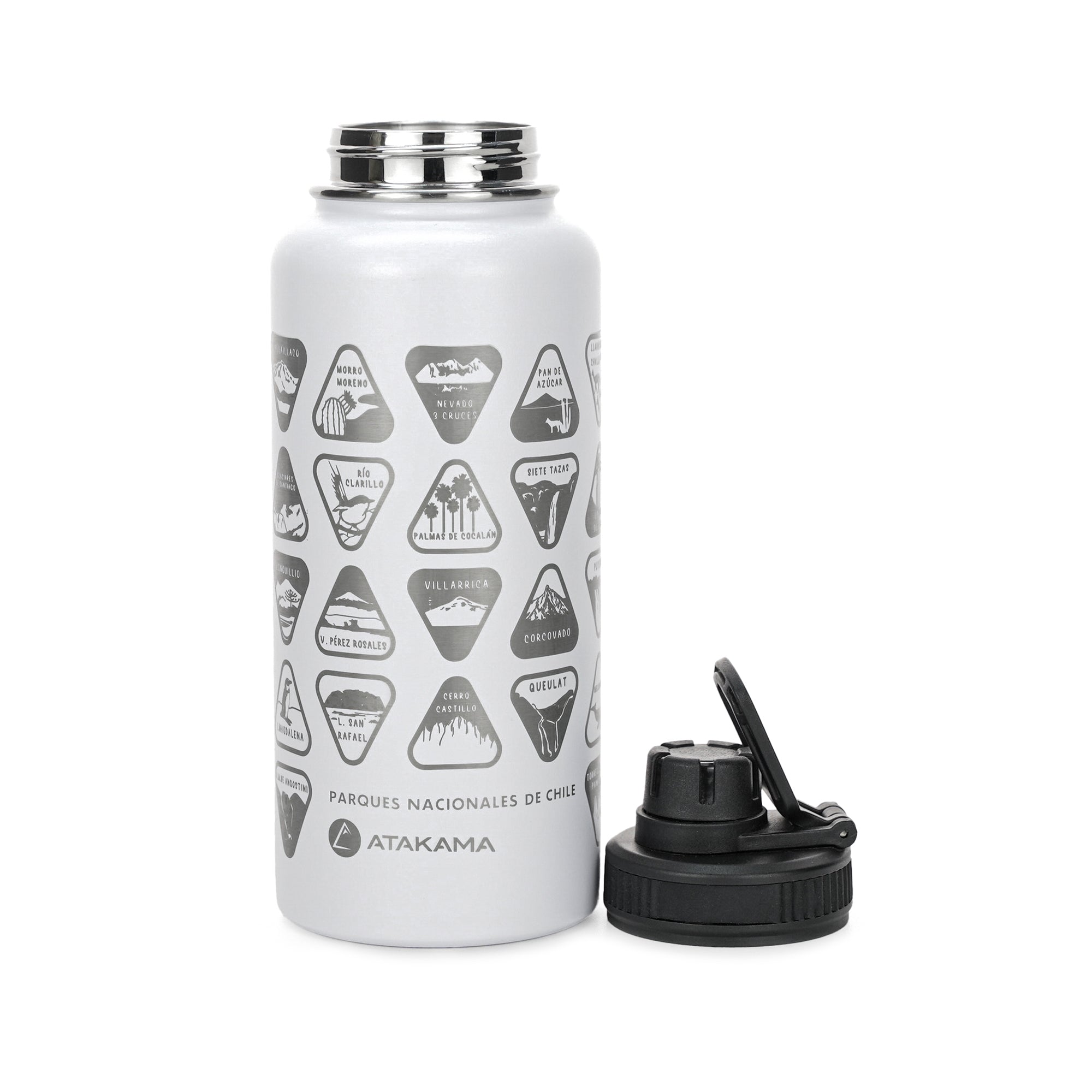 Botella termica 1 litro blanca stickers parques nacionales coleccionables tapa Atakama Outdoor mantiene calor frio