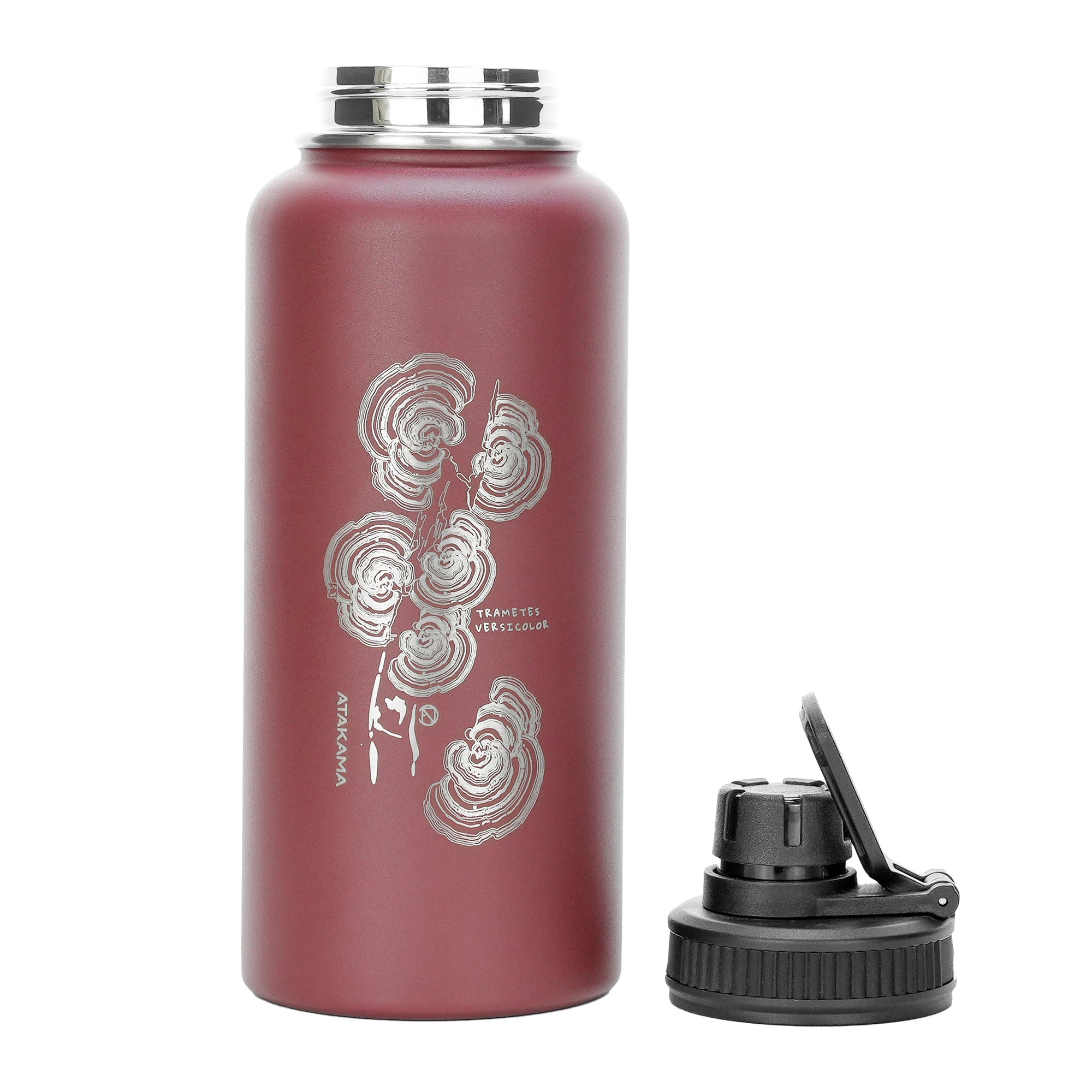 Botella termica 1 litro burdeo hongo trametes tapa Atakama Outdoor mantiene calor frio