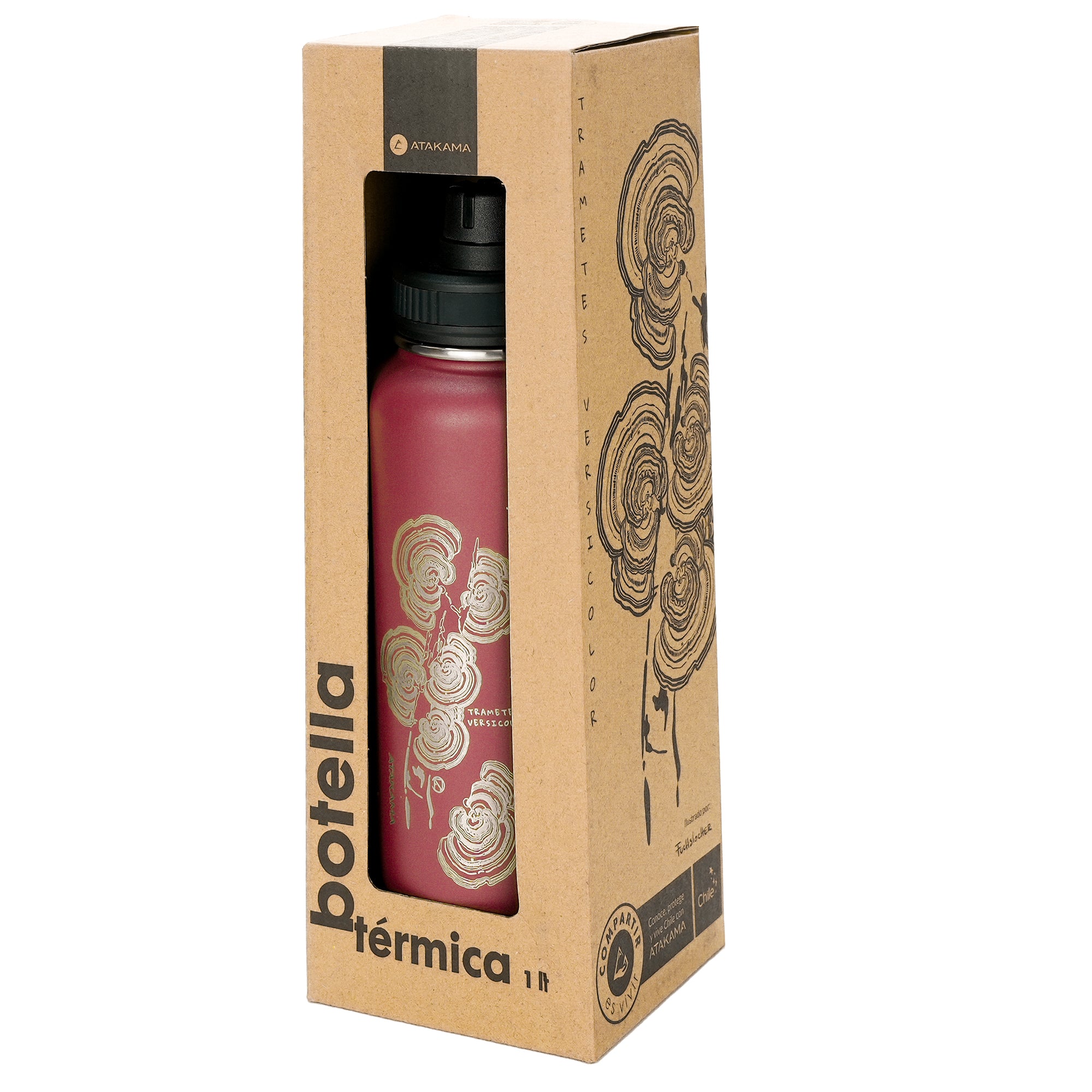 Botella termica 1 litro burdeo hongo trametes tapa Atakama Outdoor mantiene calor frio