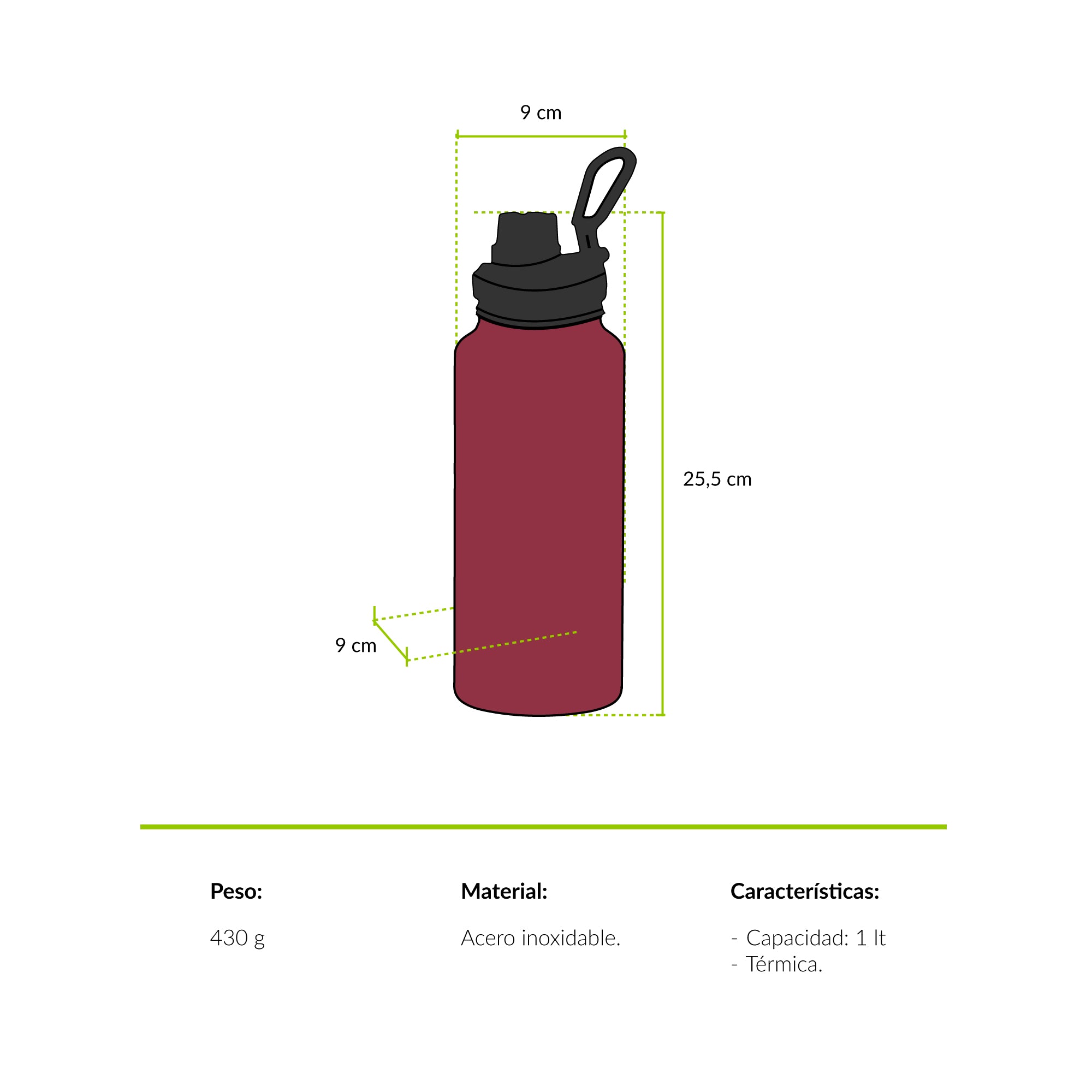 Botella termica 1 litro burdeo hongo trametes tapa Atakama Outdoor mantiene calor frio