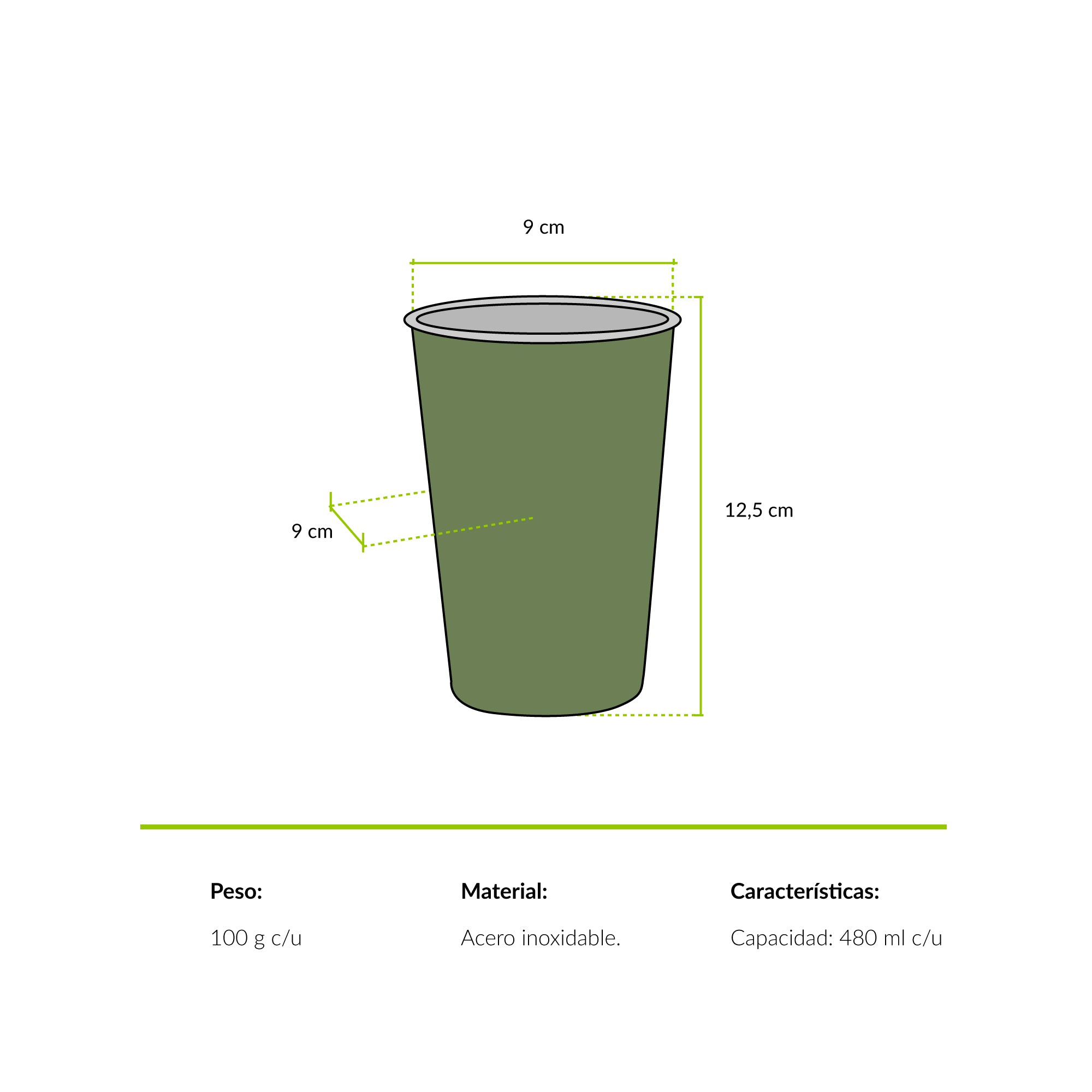 Set de cuatro vasos peces chilenas verde Aluminio 480 mililitros Atakama Outdoor Vijea Corvina Congrio Lenguado