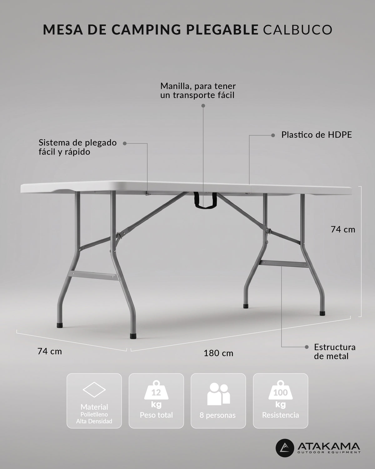 Mesa de Camping Plegable Calbuco 180 cm Blanca