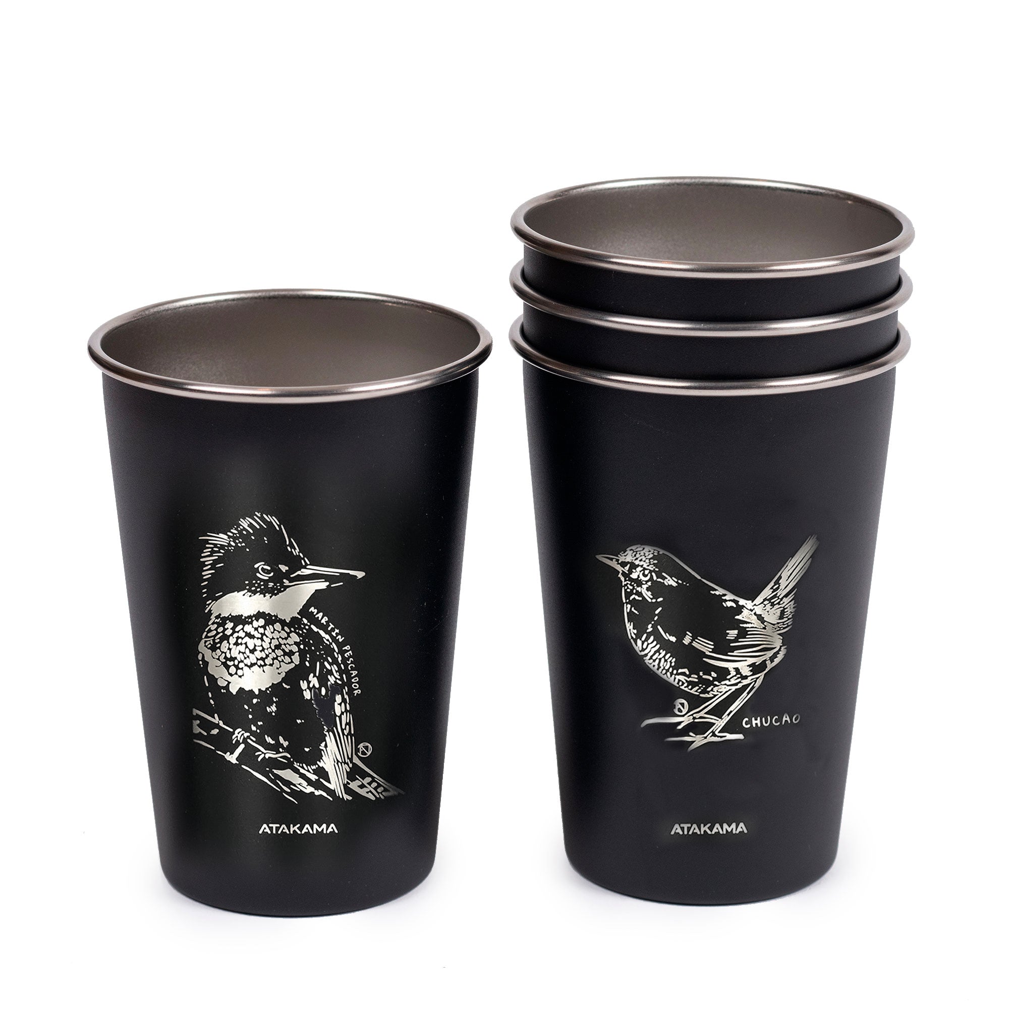 Set de cuatro vasos aves chilenas negro Aluminio 480 mililitros Atakama Outdoor Condor Martin pescador Chucao Carpintero
