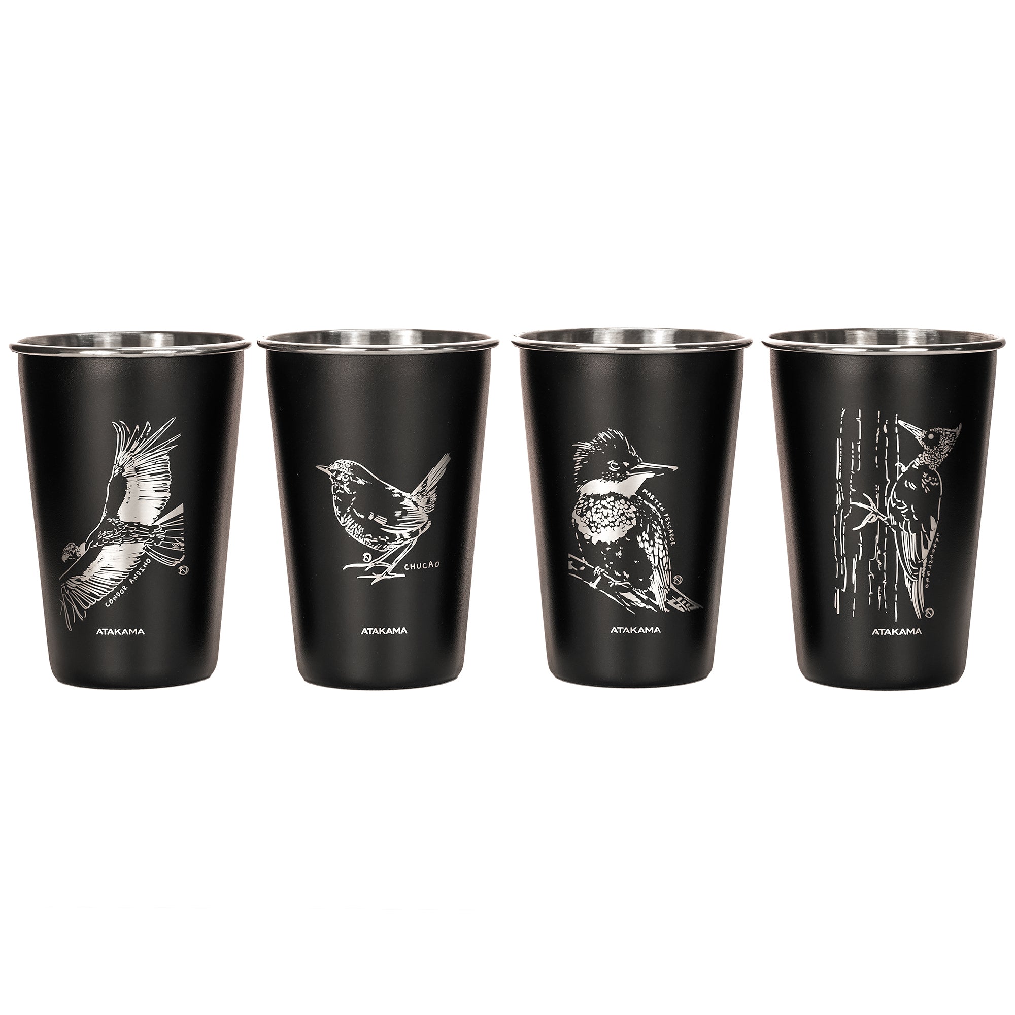 Set de cuatro vasos aves chilenas negro Aluminio 480 mililitros Atakama Outdoor Condor Martin pescador Chucao Carpintero