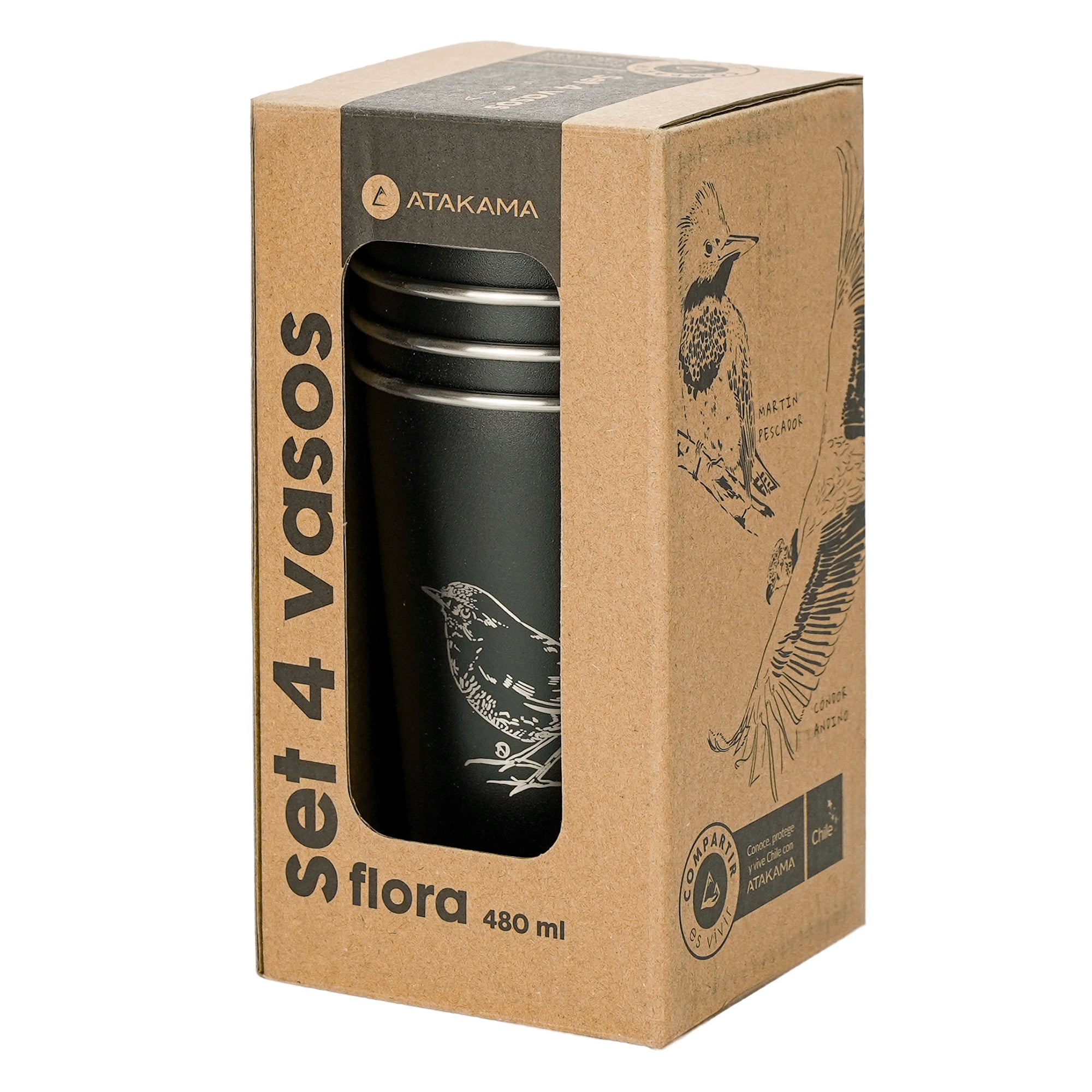 Set de cuatro vasos aves chilenas negro Aluminio 480 mililitros Atakama Outdoor Condor Martin pescador Chucao Carpintero