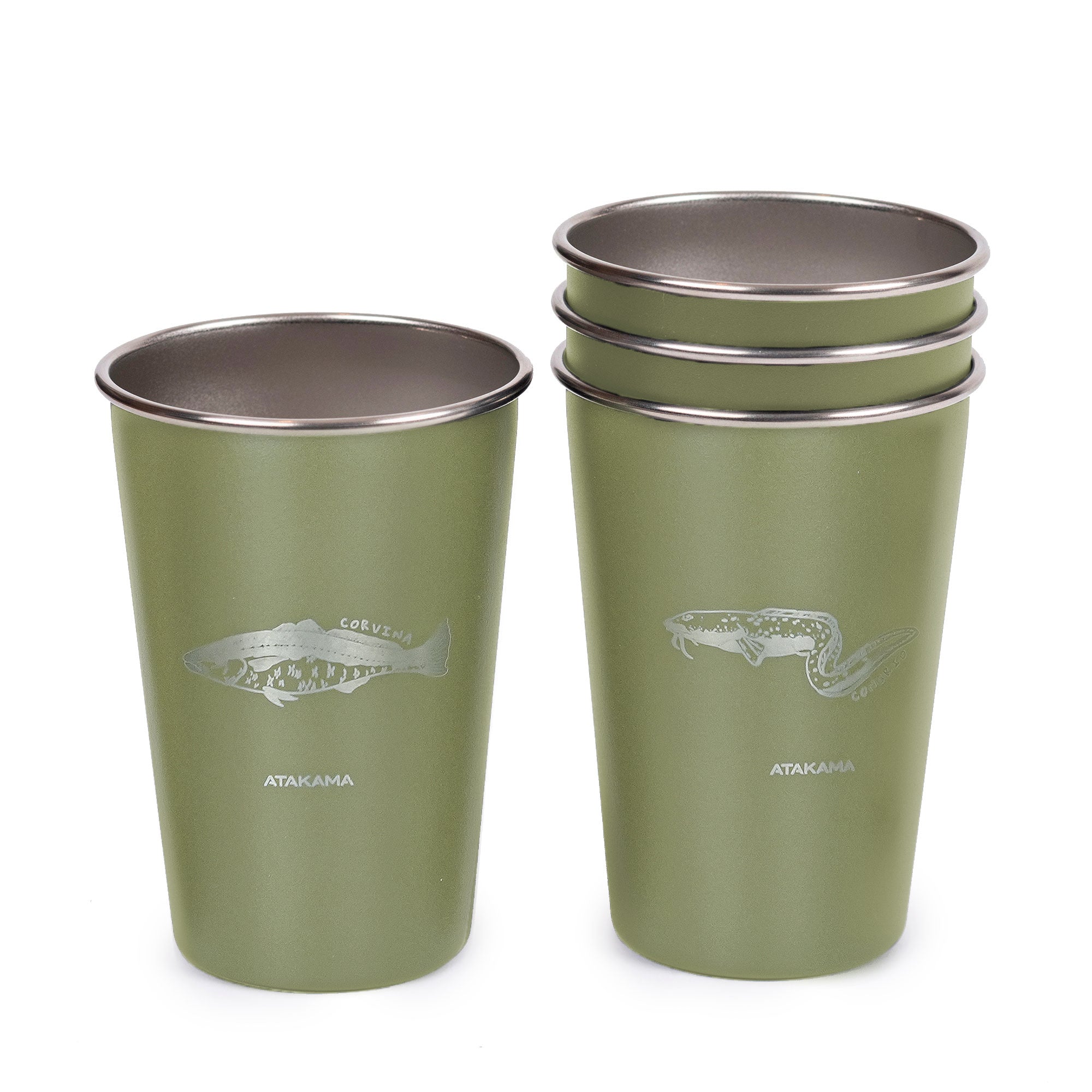 Set de cuatro vasos peces chilenas verde Aluminio 480 mililitros Atakama Outdoor Vijea Corvina Congrio Lenguado