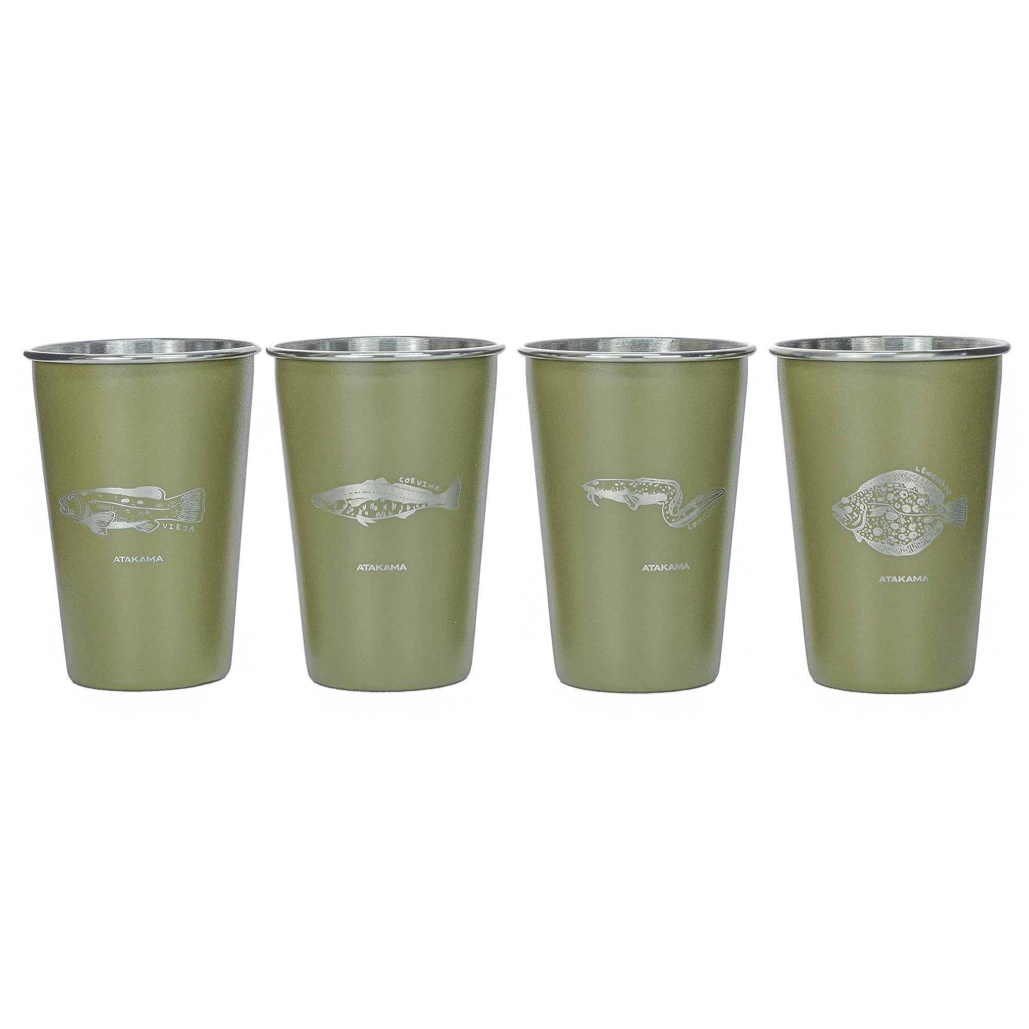Set de cuatro vasos peces chilenas verde Aluminio 480 mililitros Atakama Outdoor Vijea Corvina Congrio Lenguado