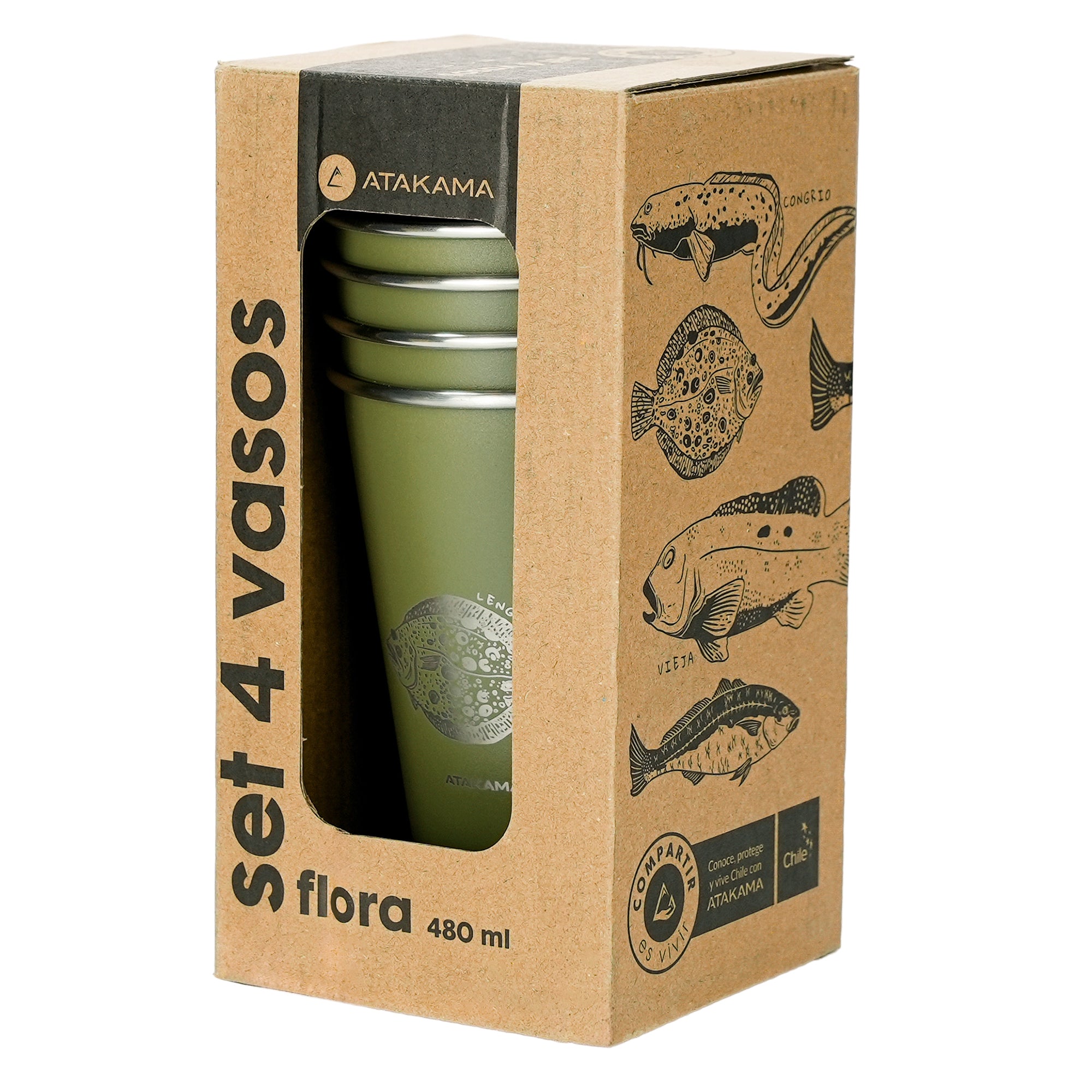 Set de cuatro vasos peces chilenas verde Aluminio 480 mililitros Atakama Outdoor Vijea Corvina Congrio Lenguado