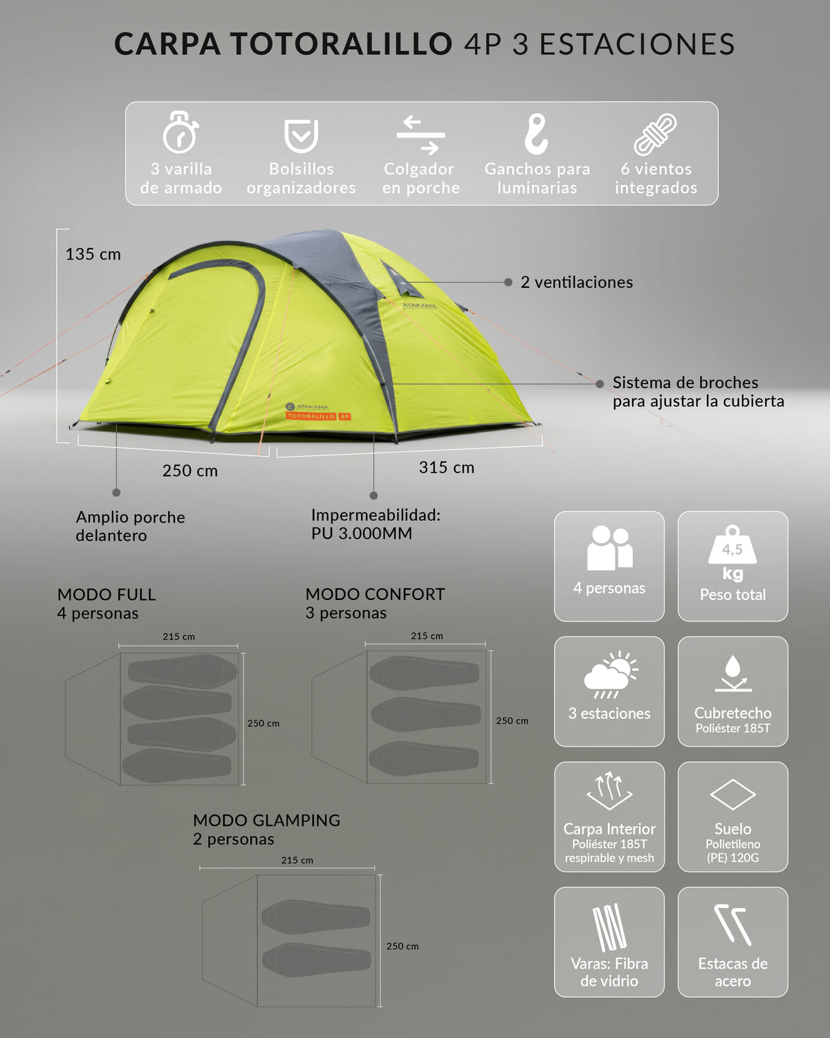 Carpa Familiar 4 personas 3 Estaciones Totoralillo