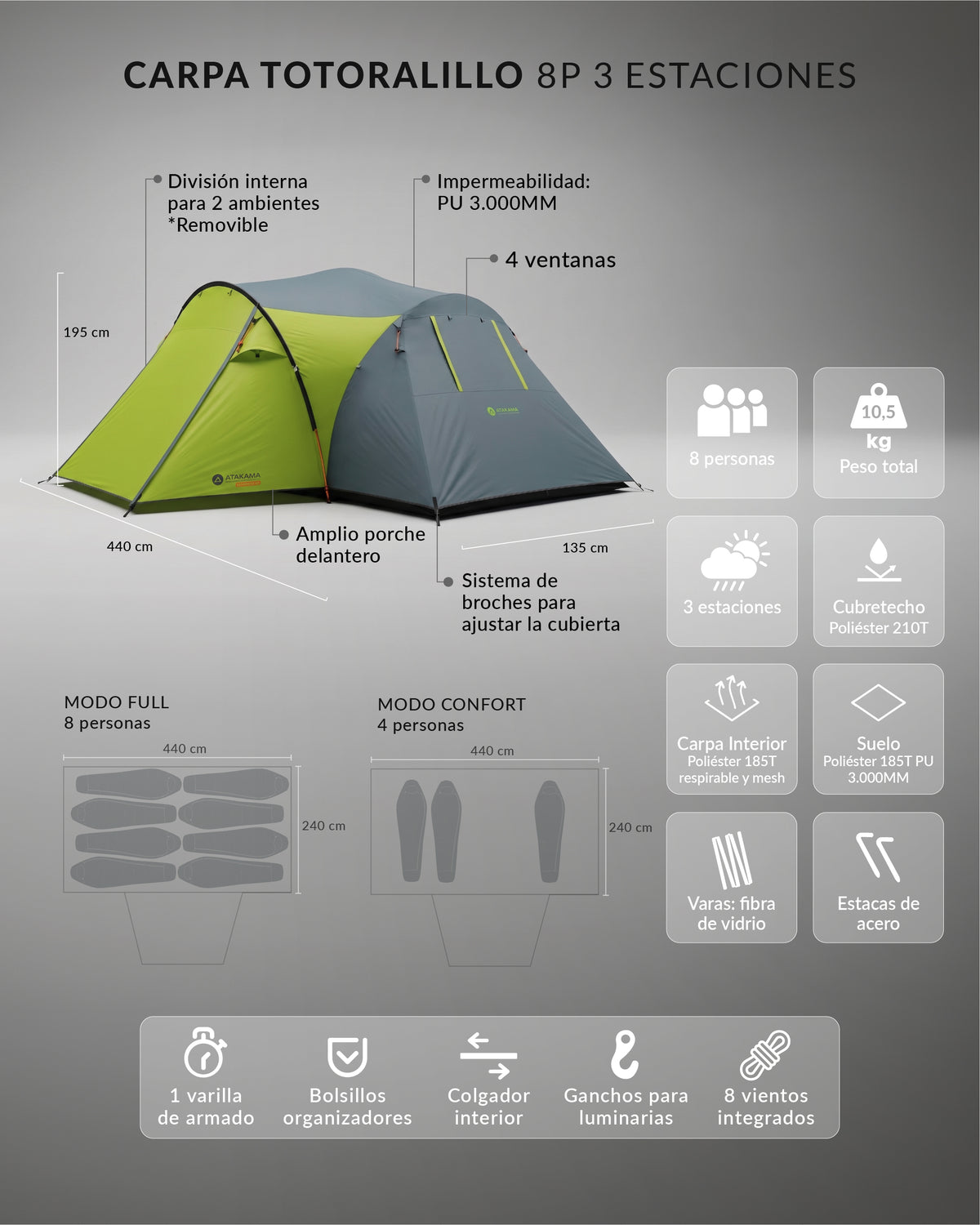 Carpa Familiar 8 Personas 3 Estaciones Totoralillo