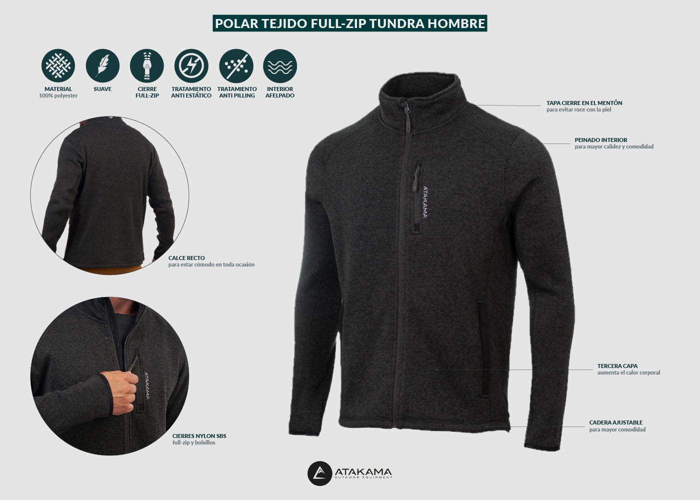 Atakama Outdoor - Polar tejido Full-Zip hombre Tundra jaspeado