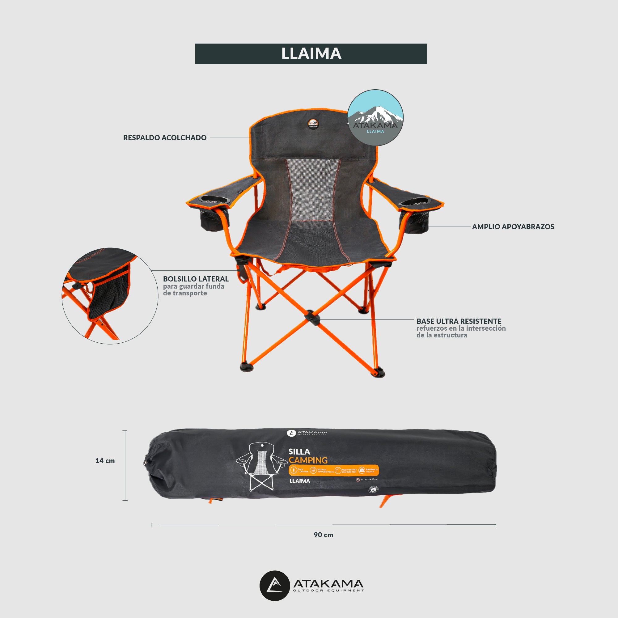Silla de camping Llaima XL Gris/Naranjo
