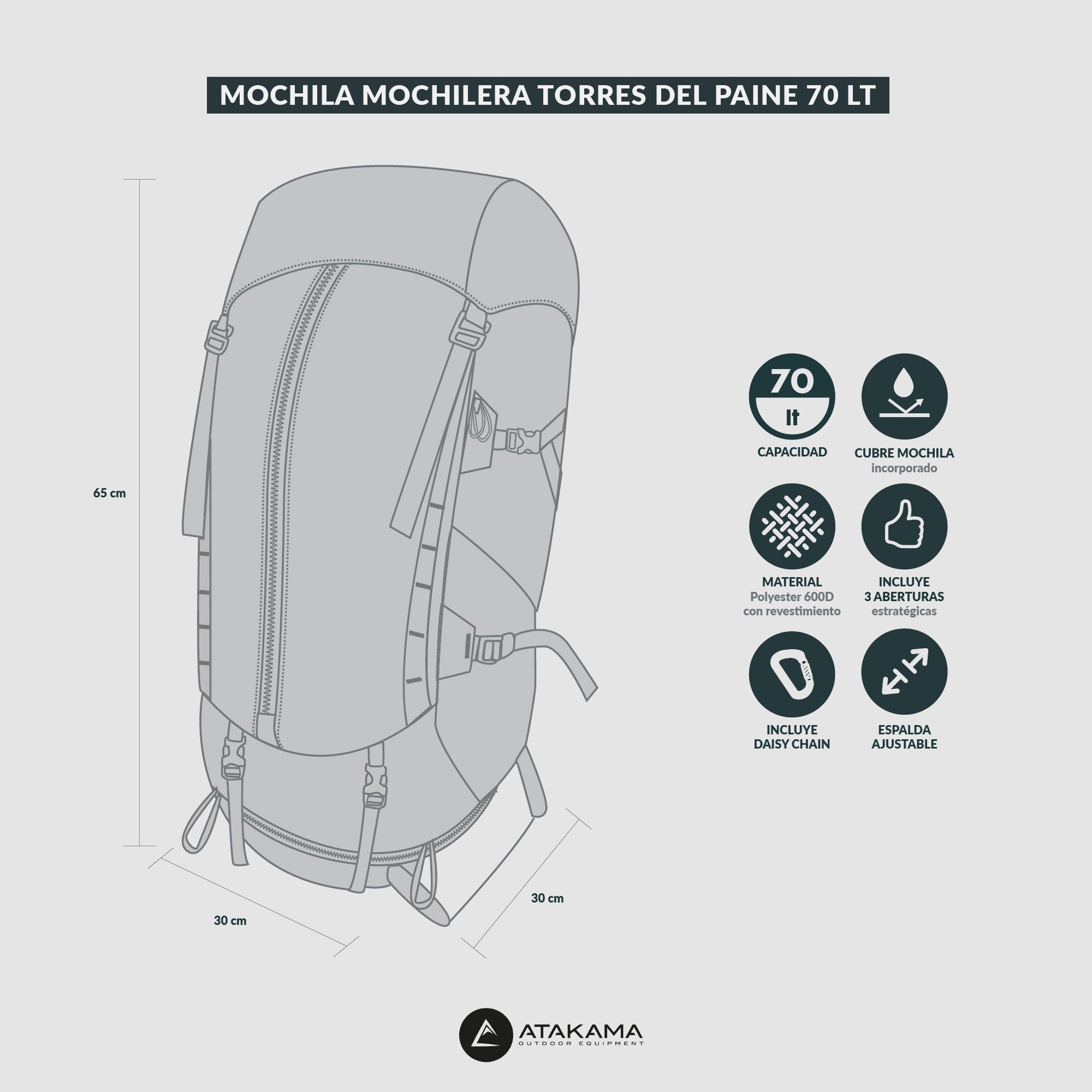 Mochila mochilera Torres del Paine 70 lt