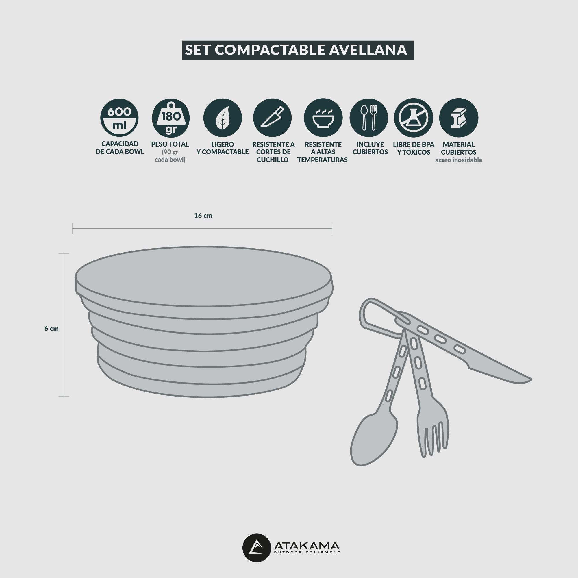 Set 2 Bowls compactables más cubiertos Avellana