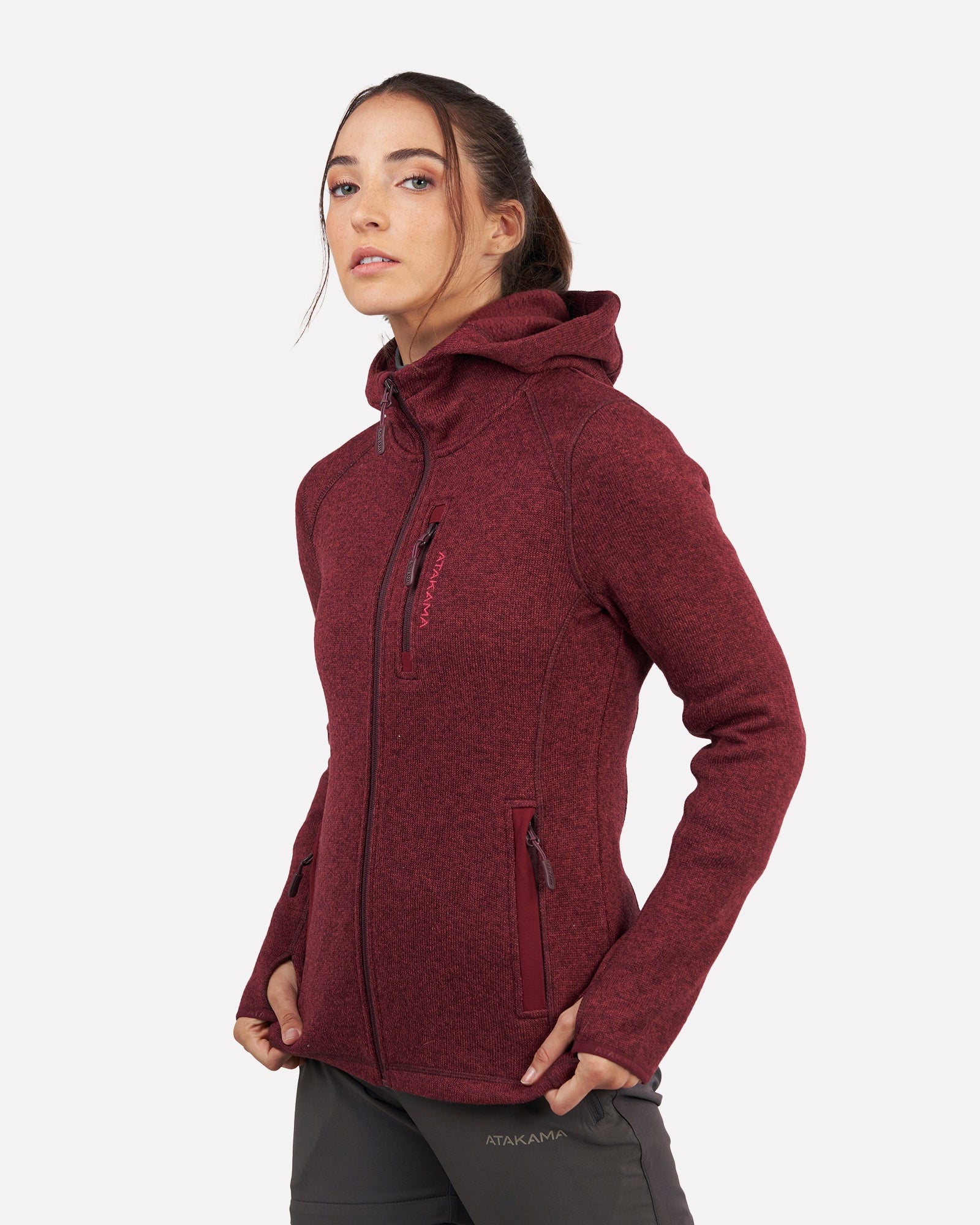 Polar Tejido Hoddie Full-Zip Mujer Tundra Jaspeado Burdeo - Atakama Outdoor