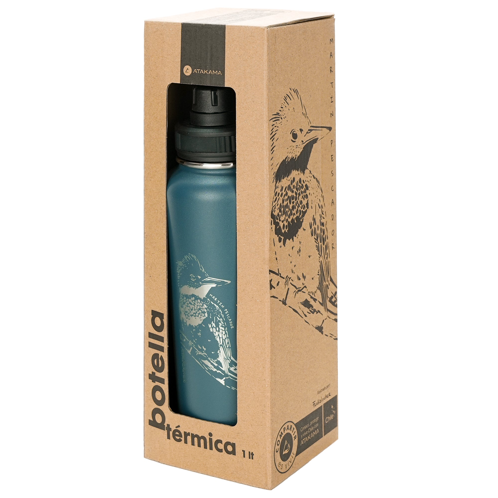 Botella termica 1 litro azul ave martin pescador tapa Atakama Outdoor mantiene calor frio