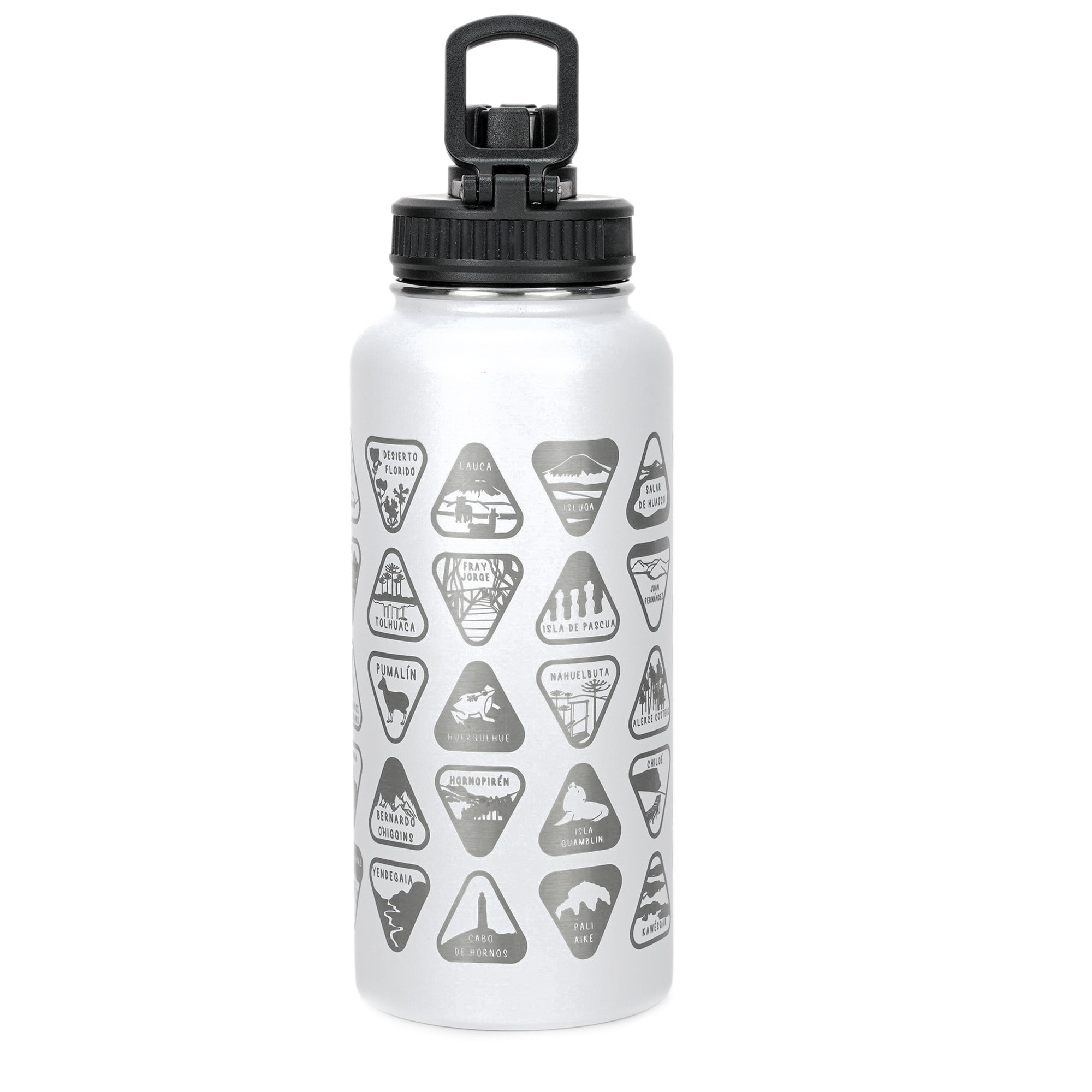 Botella termica 1 litro blanca stickers parques nacionales coleccionables tapa Atakama Outdoor mantiene calor frio
