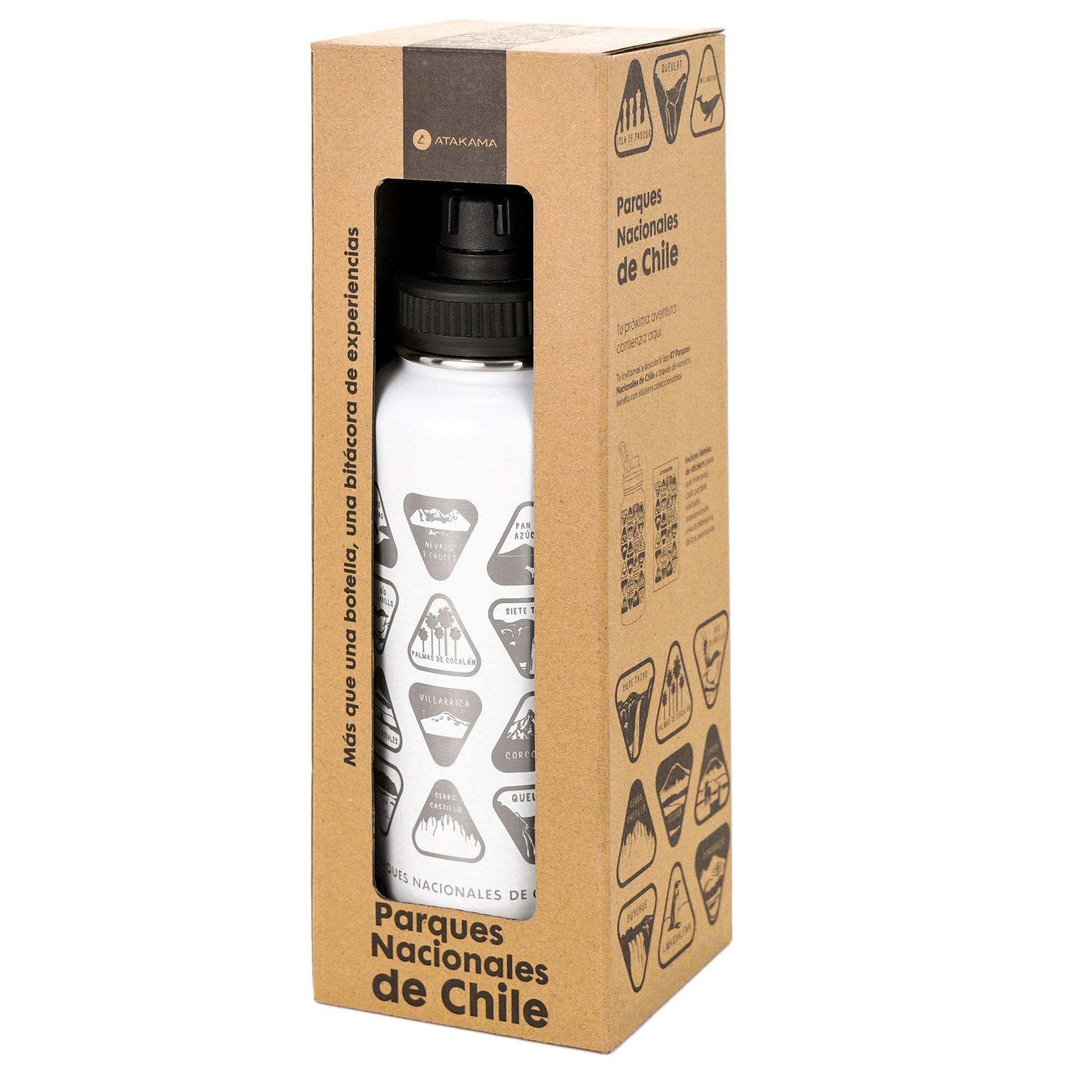 Botella termica 1 litro blanca stickers parques nacionales coleccionables tapa Atakama Outdoor mantiene calor frio