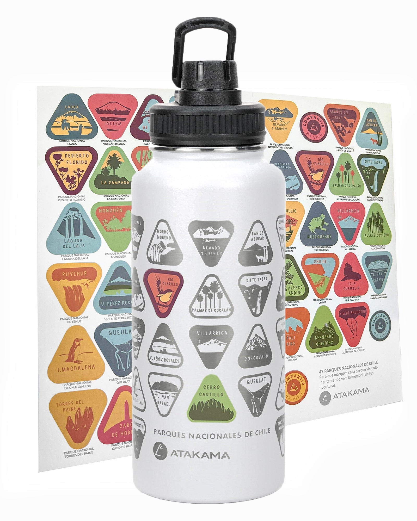 Botella termica 1 litro blanca stickers parques nacionales coleccionables tapa Atakama Outdoor mantiene calor frio