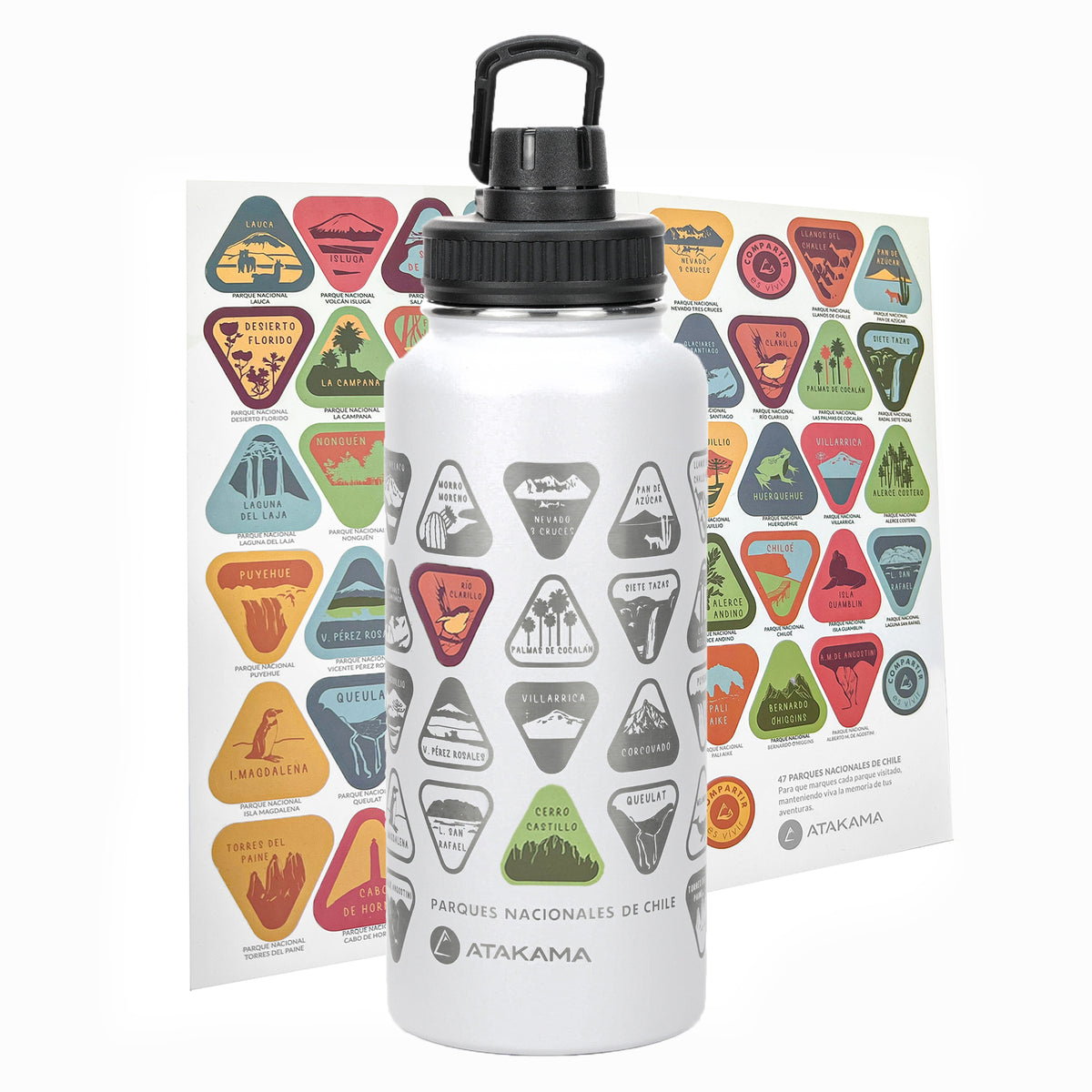 Botella termica 1 litro blanca stickers parques nacionales coleccionables tapa Atakama Outdoor mantiene calor frio
