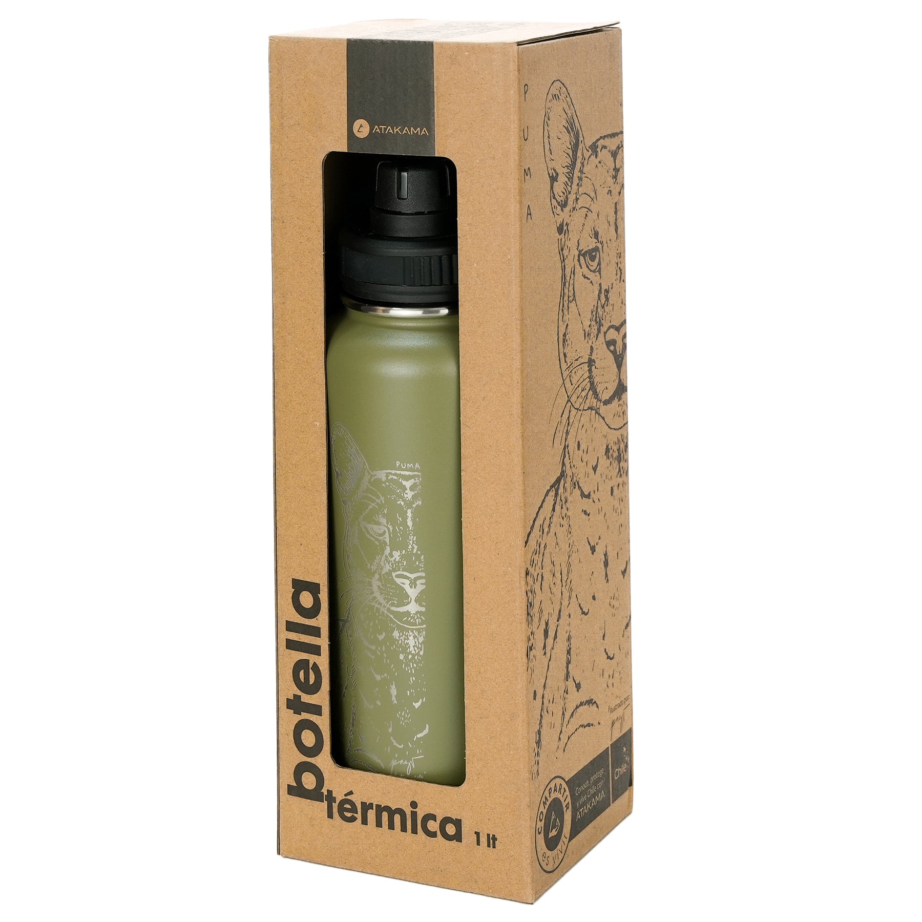 Botella termica 1 litro verde puma tapa Atakama Outdoor mantiene calor frio