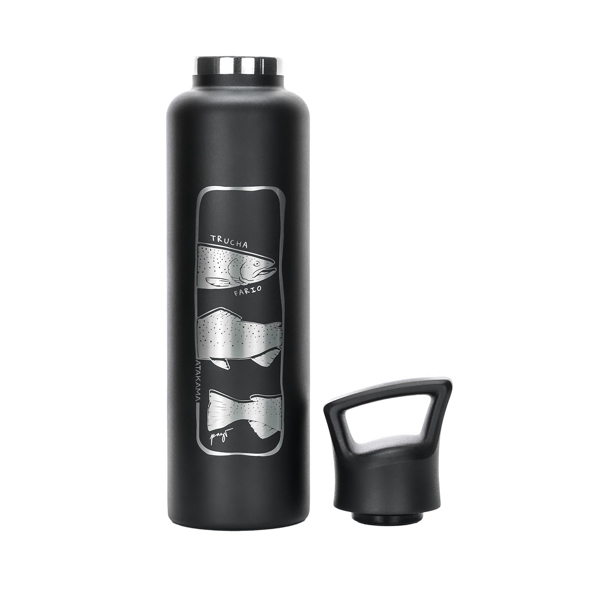Botella termica insulada 750 mililitros negro trucha tapa Atakama Outdoor mantiene agua calor frio motivacional