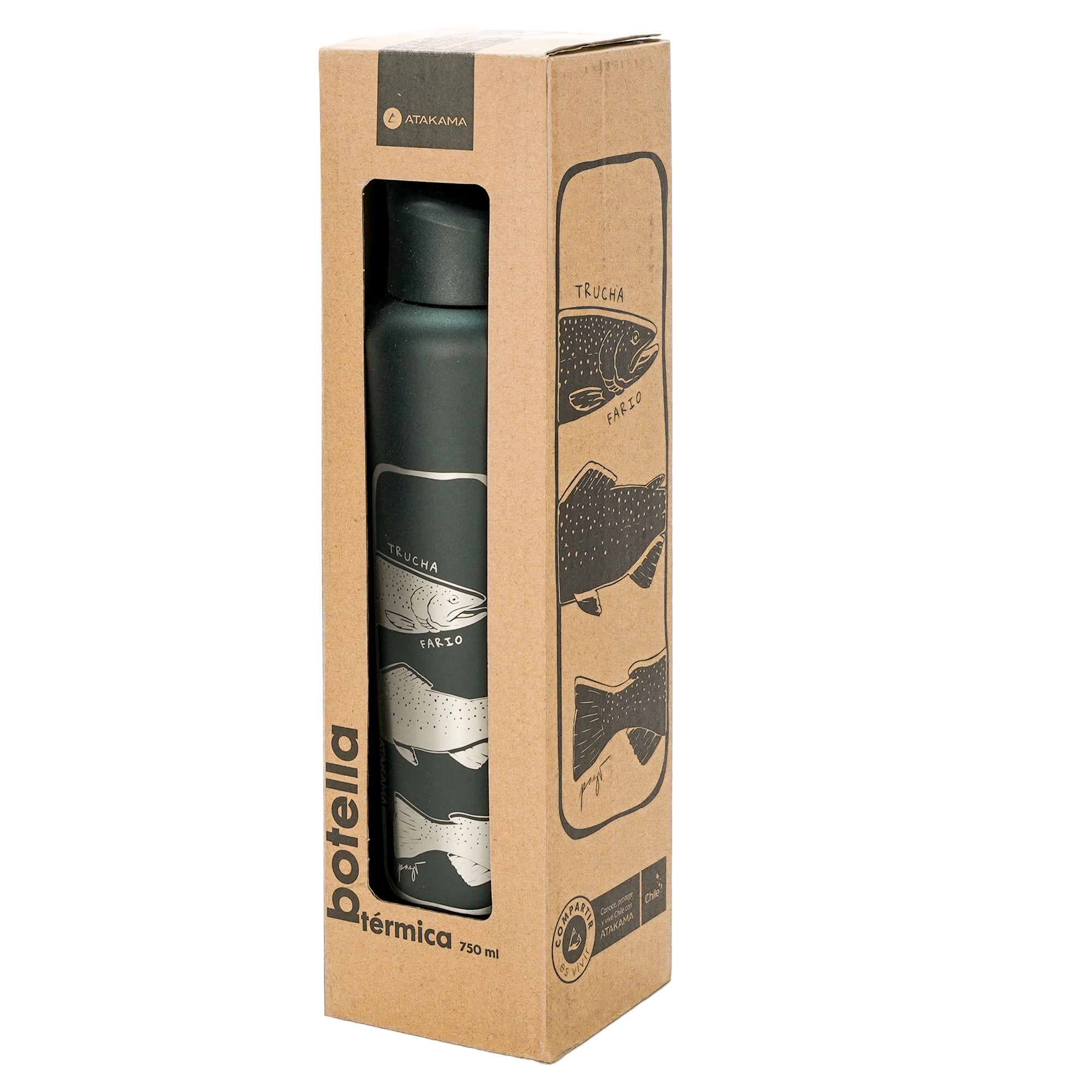 Botella termica insulada 750 mililitros negro trucha tapa Atakama Outdoor mantiene agua calor frio motivacional