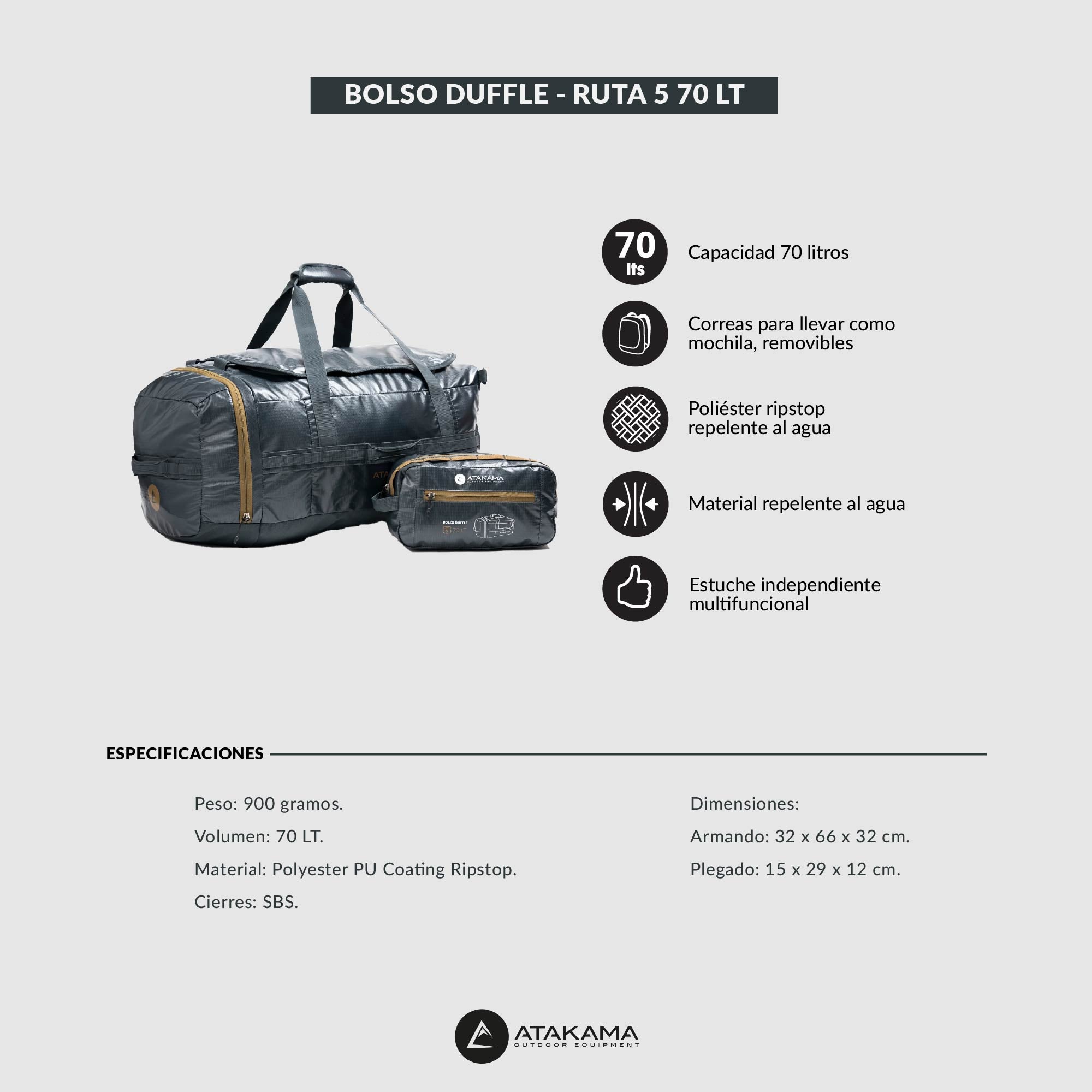 Bolso Duffle Ultra Compactable 70LT Ruta 5