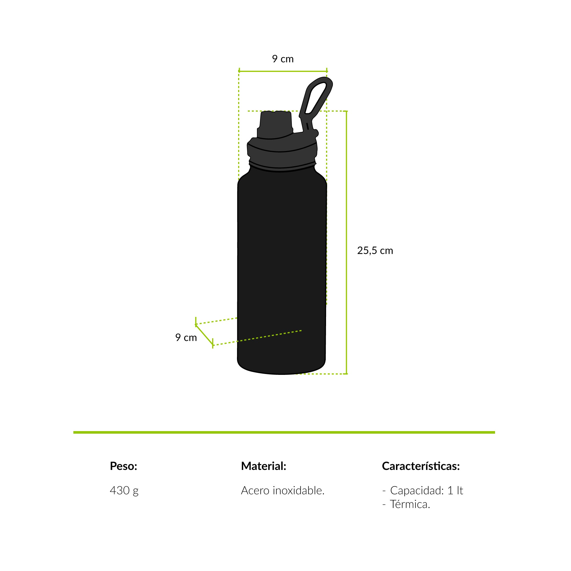 Botella termica 1 litro negra araucaria tapa Atakama Outdoor mantiene calor frio
