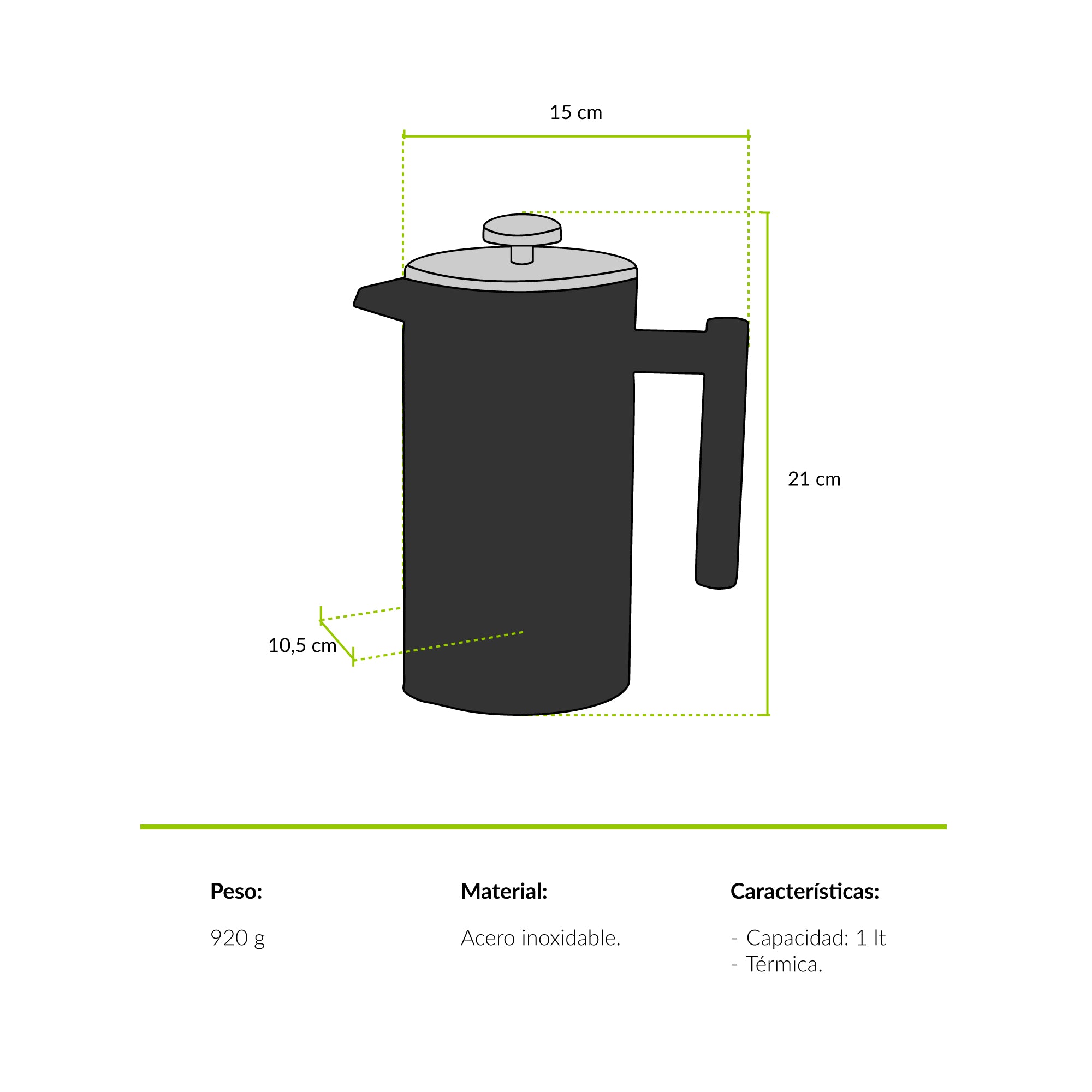 Cafetera francesa térmica negra Huemul 1 litro Atakama Outdoor