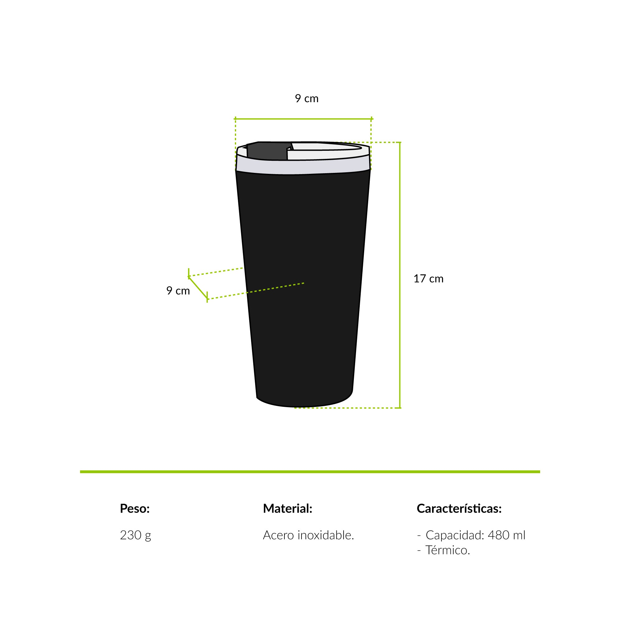 Vaso termico tapa negro pingüino humbolt 480 mililitros Atakama Outdoor