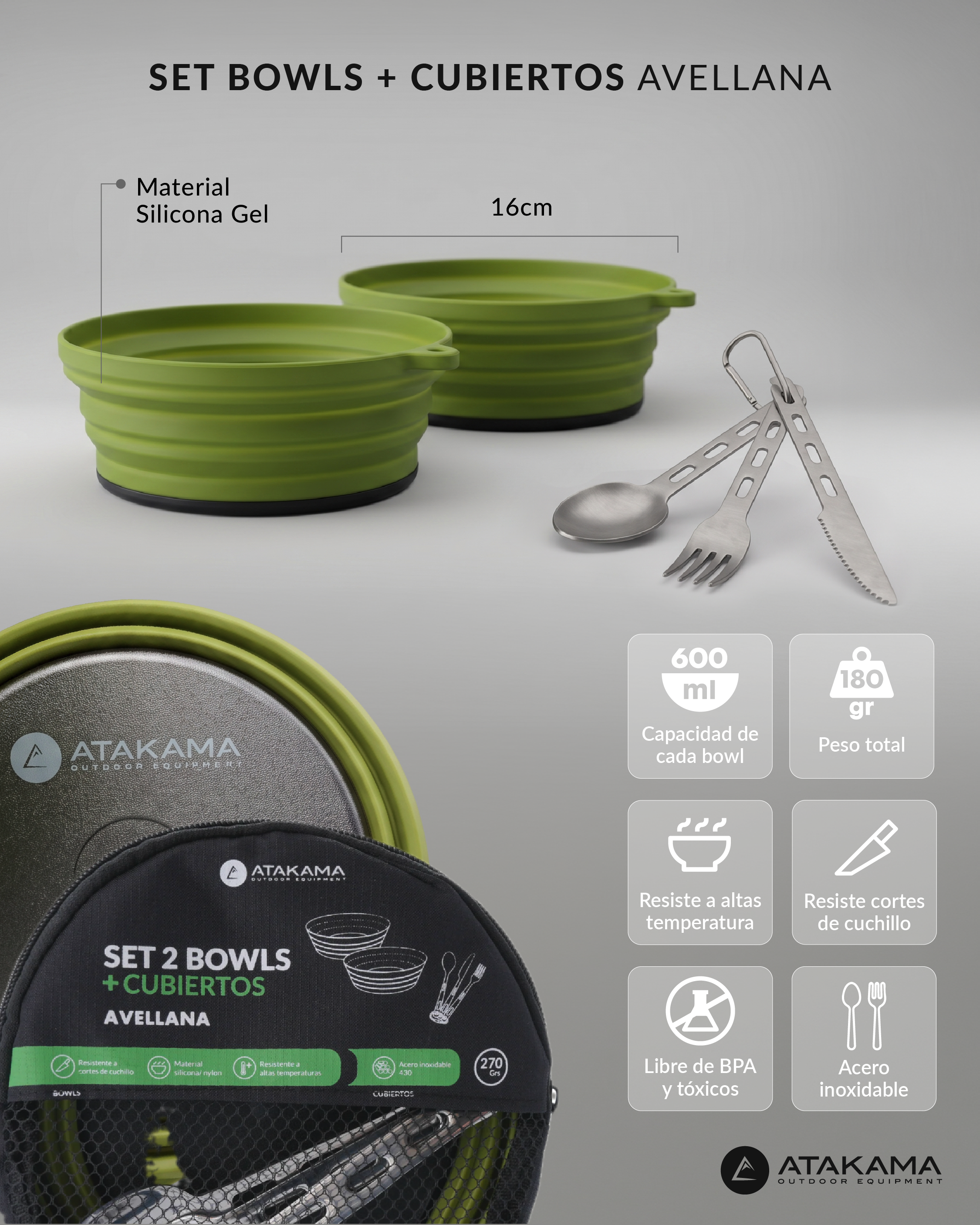 Set 2 Bowls compactables + Cubiertos Avellana