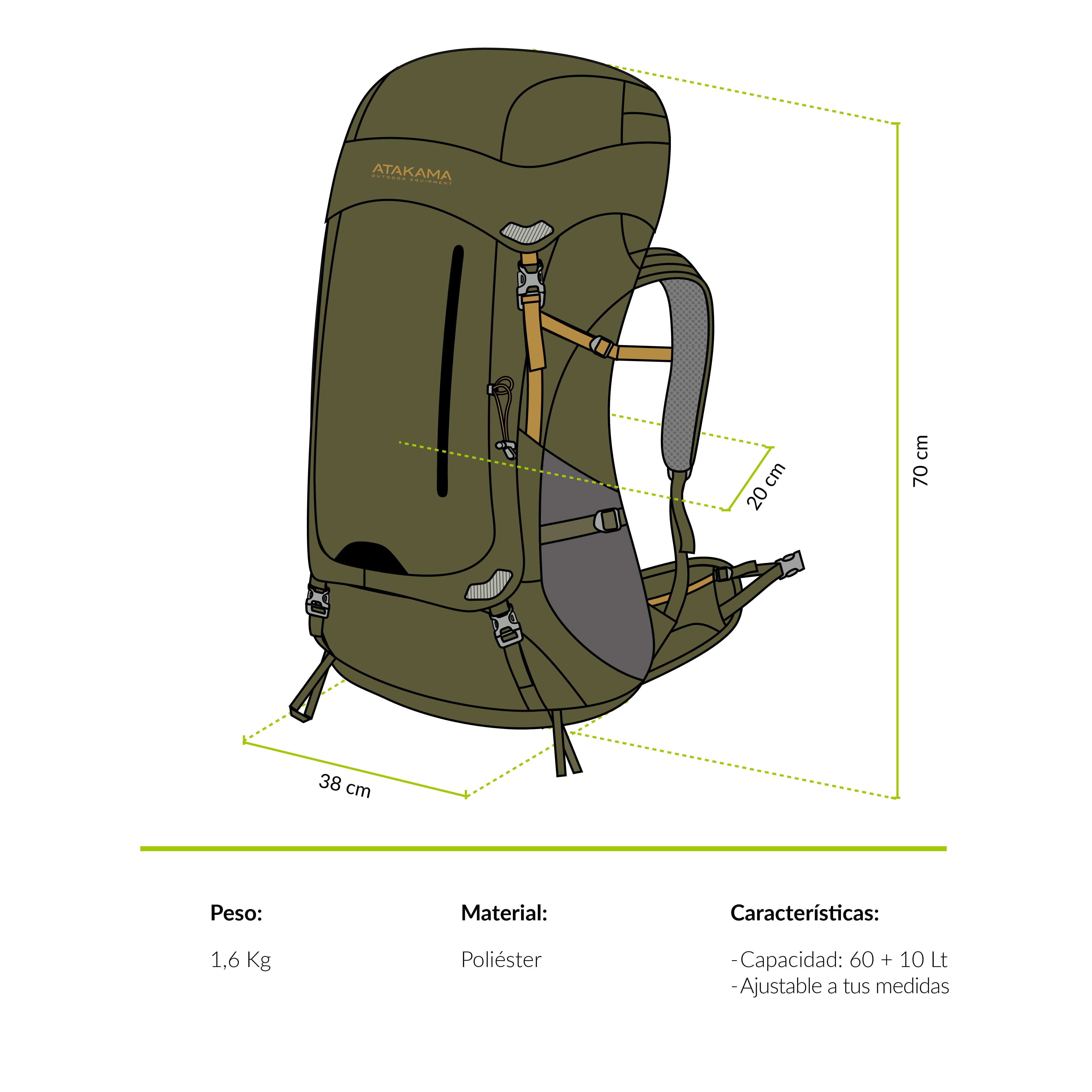 Mochila mochilera Torres del Paine 60+10 lt