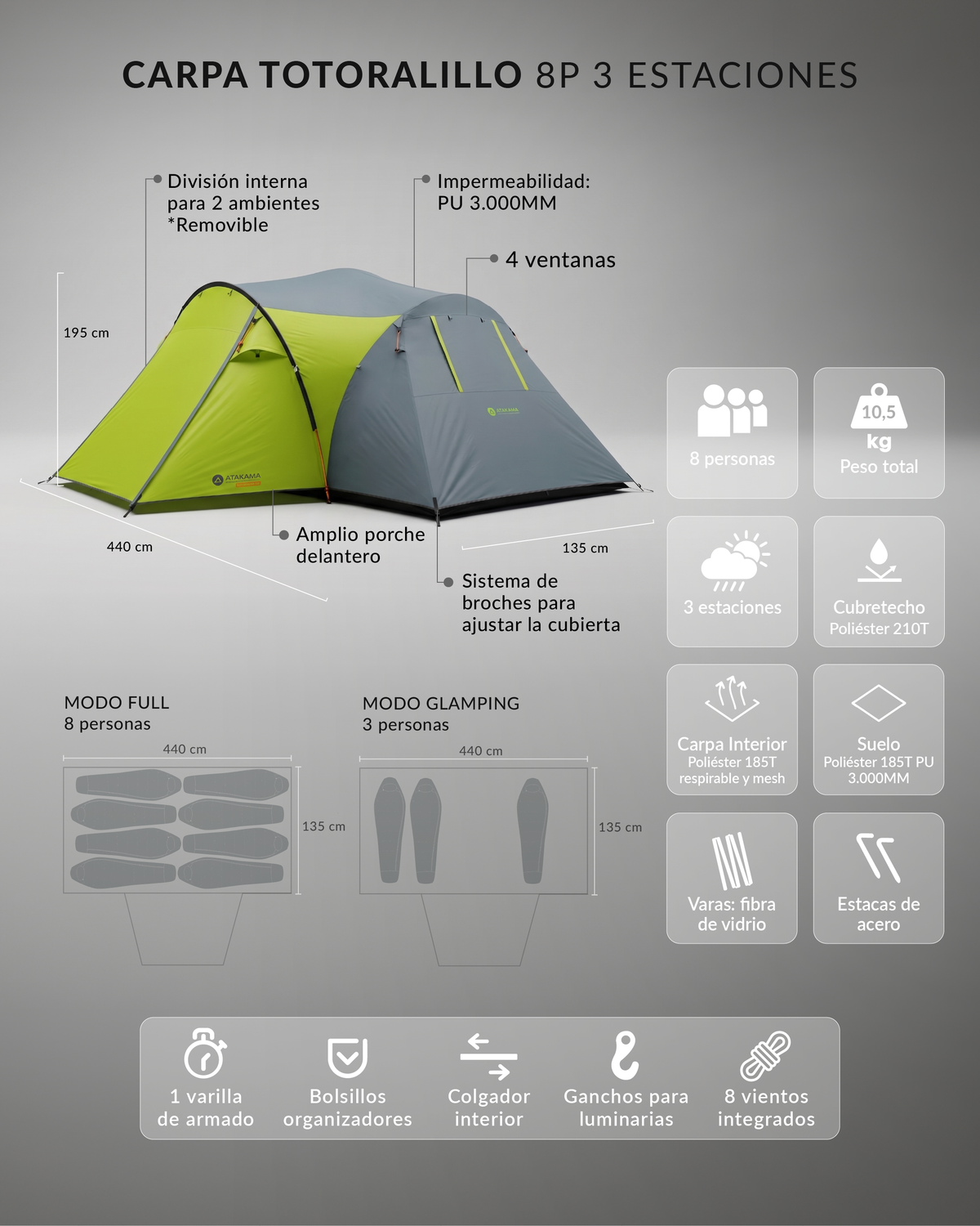 Carpa Familiar 8 Personas 3 Estaciones Totoralillo